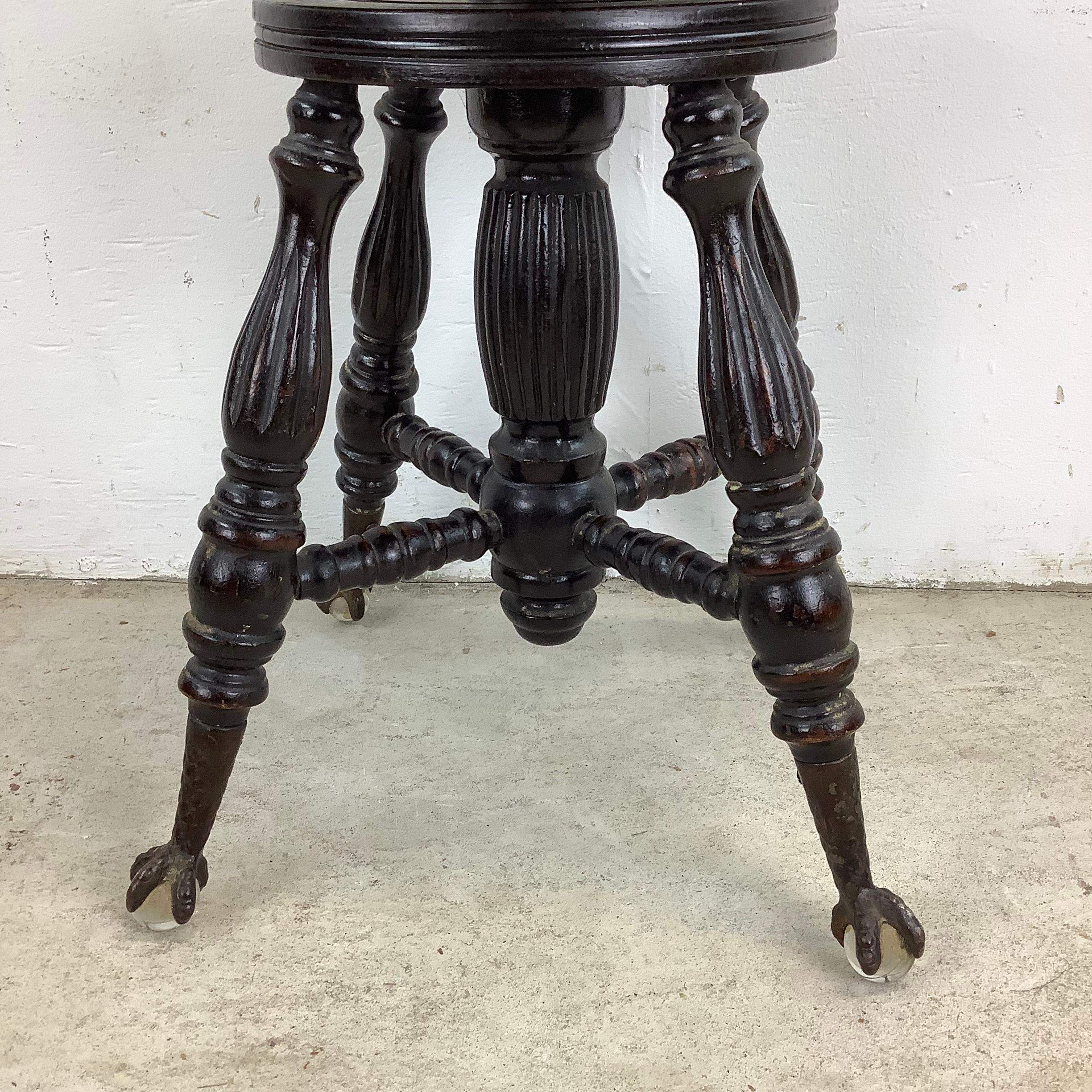 Antique Victorian Piano Stool with Glass Ball Claw Feet For Sale 4