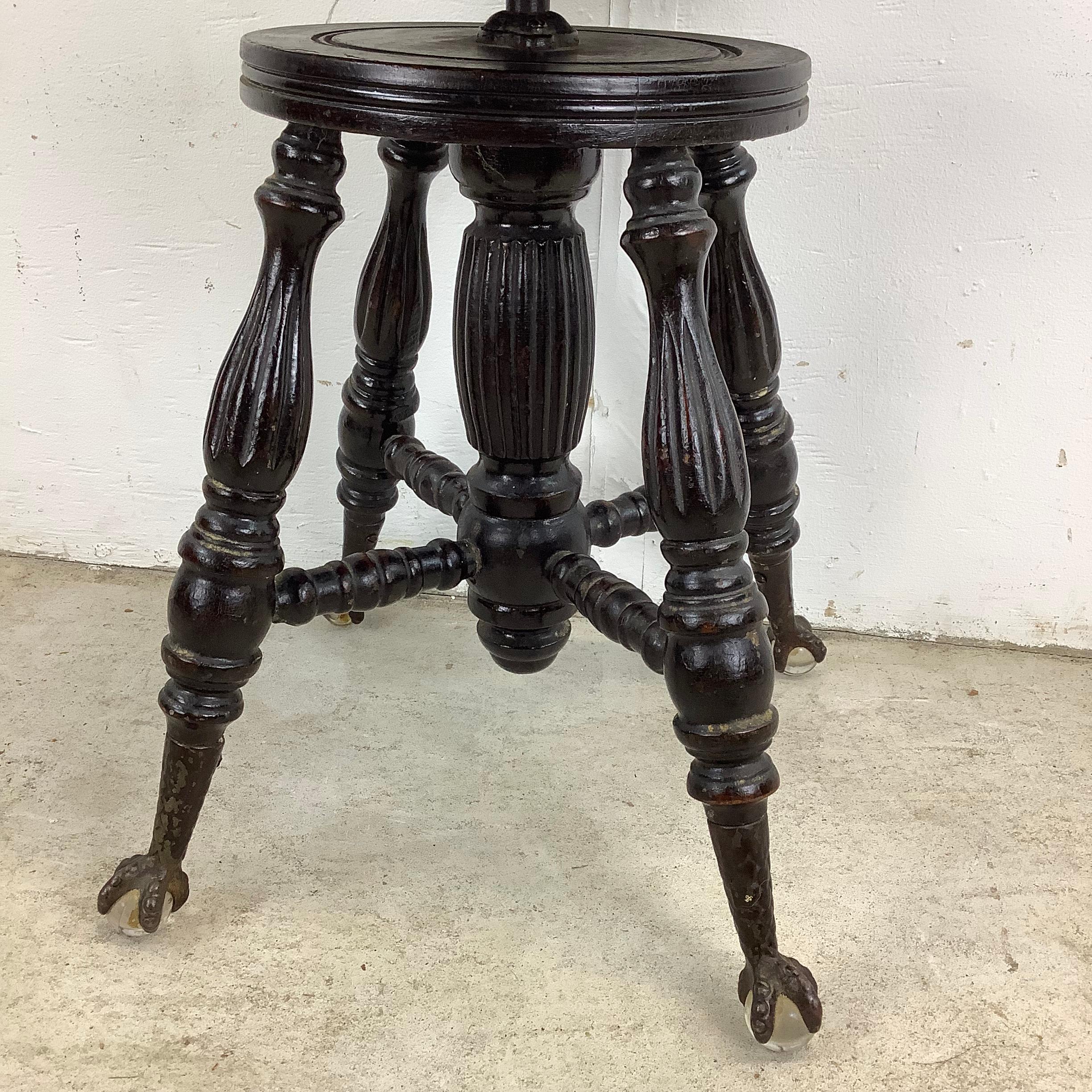 19th Century Antique Victorian Piano Stool with Glass Ball Claw Feet For Sale