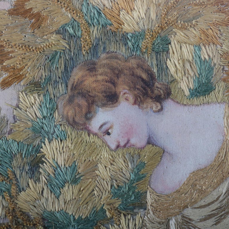 Antique Victorian Pictorial Silk Embroidered Watercolor Genre Scene