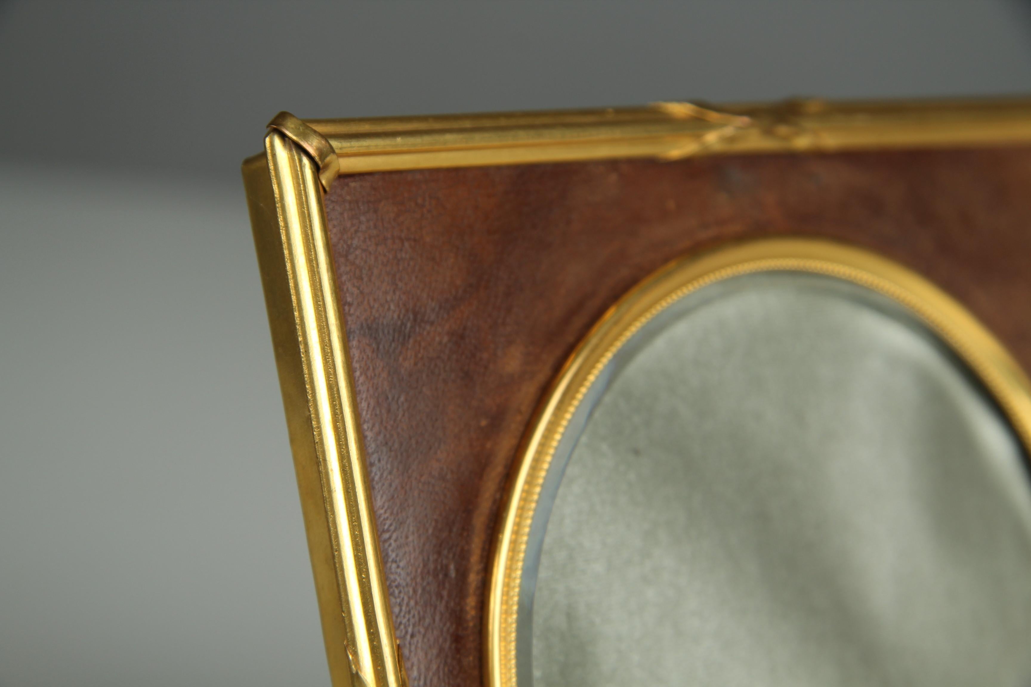 French Antique Victorian Picture Frame, Brass and Leather, France, 1880s, 10 x 10 cm
