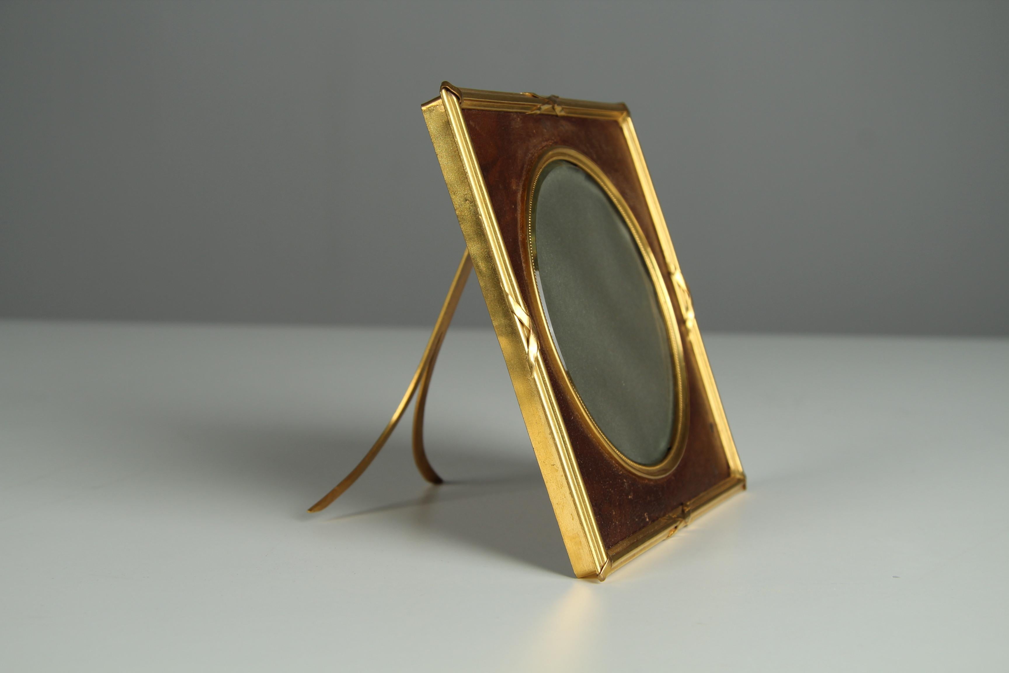 19th Century Antique Victorian Picture Frame, Brass and Leather, France, 1880s, 10 x 10 cm