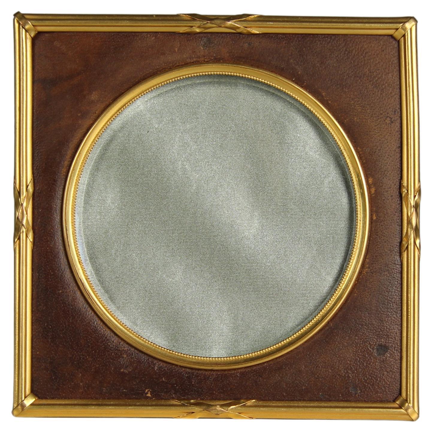 Antique Victorian Picture Frame, Brass and Leather, France, 1880s, 10 x 10 cm