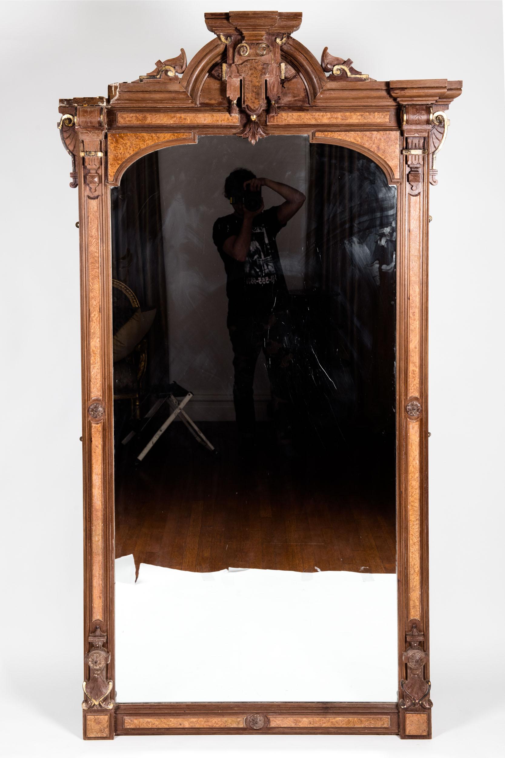 Antique Victorian burl wood pier mirror. The full length standing pier mirror is in good antique condition. Minor wear consistent with age / use. The mirror Stand about 83 inches high x 46 inches wide x 5 inches deep.