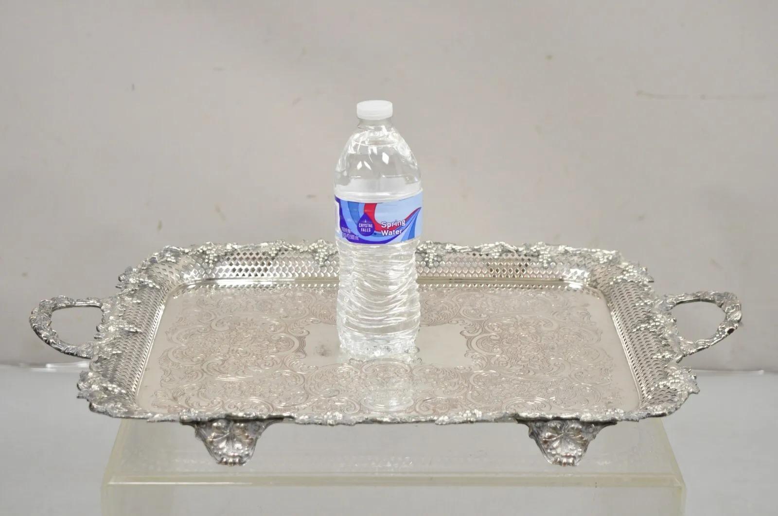 Antique Victorian Pierced Grapevine Basket Gallery Serving Platter Tray. Item featured has a ,monogram to center illegible, possibly 