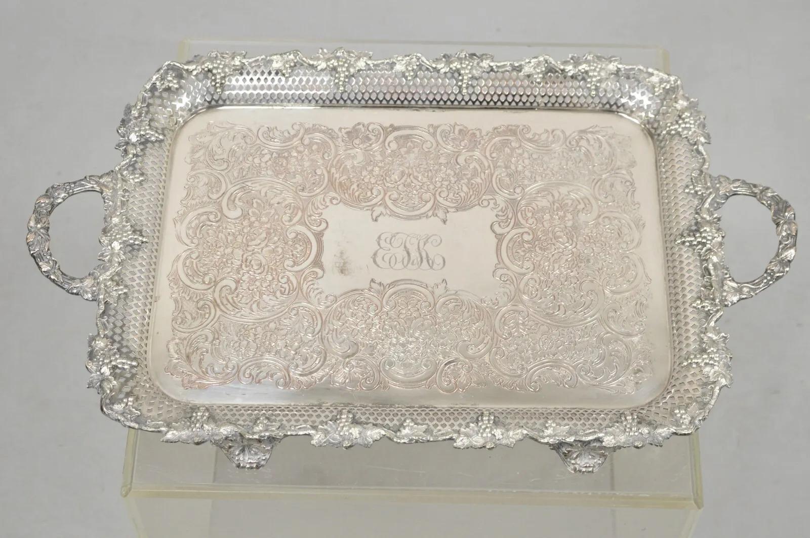 20th Century Antique Victorian Pierced Grapevine Basket Gallery Serving Platter Tray For Sale