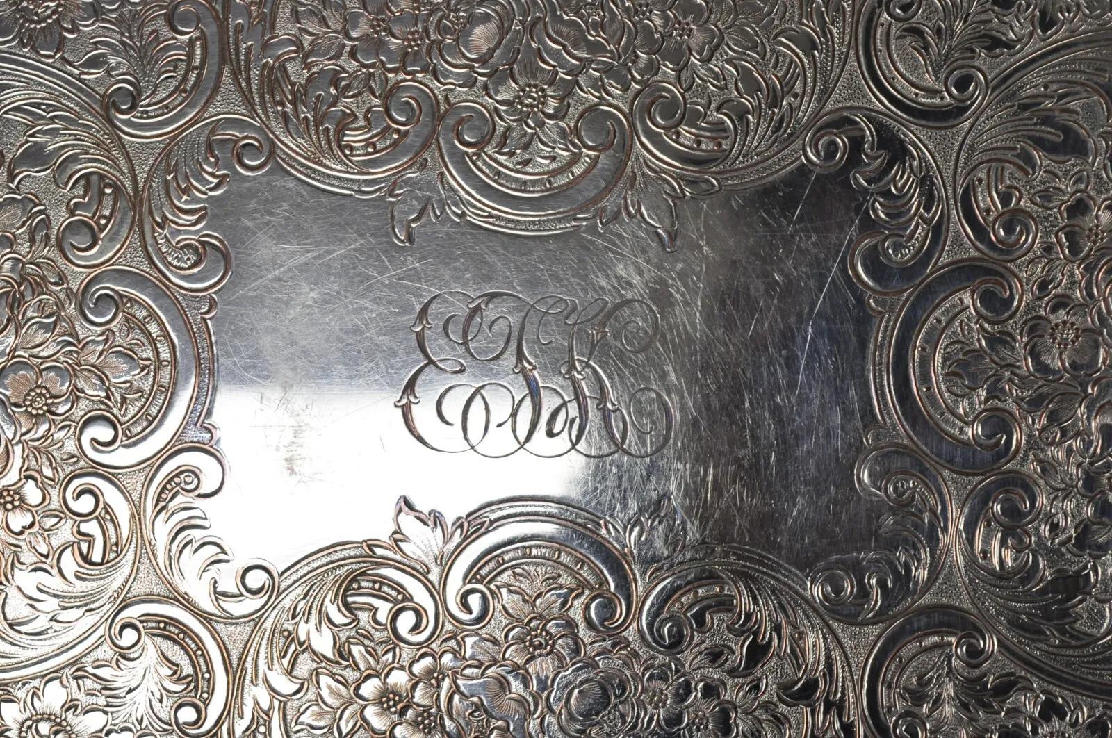 Silver Plate Antique Victorian Pierced Grapevine Basket Gallery Serving Platter Tray For Sale