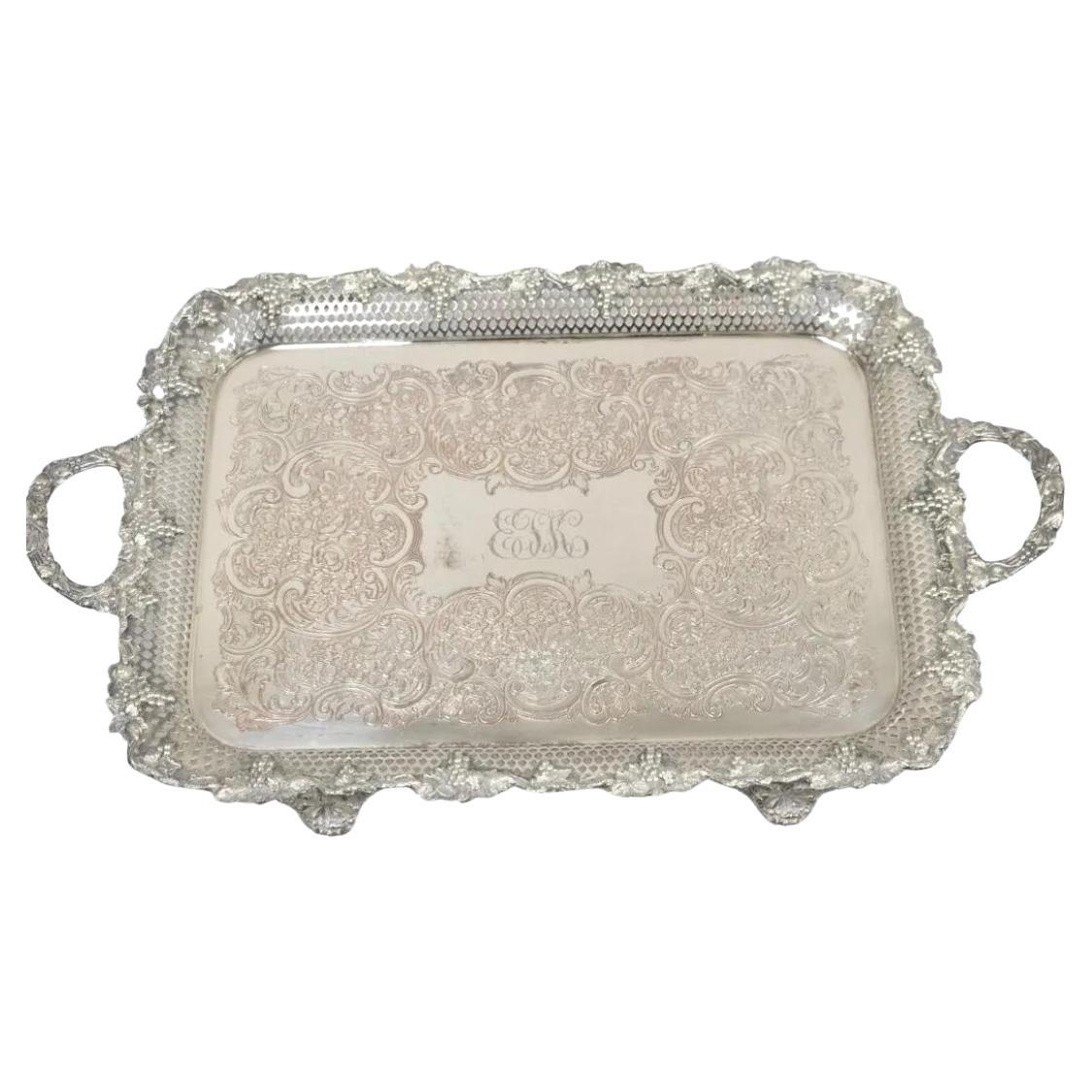 Antique Victorian Pierced Grapevine Basket Gallery Serving Platter Tray For Sale