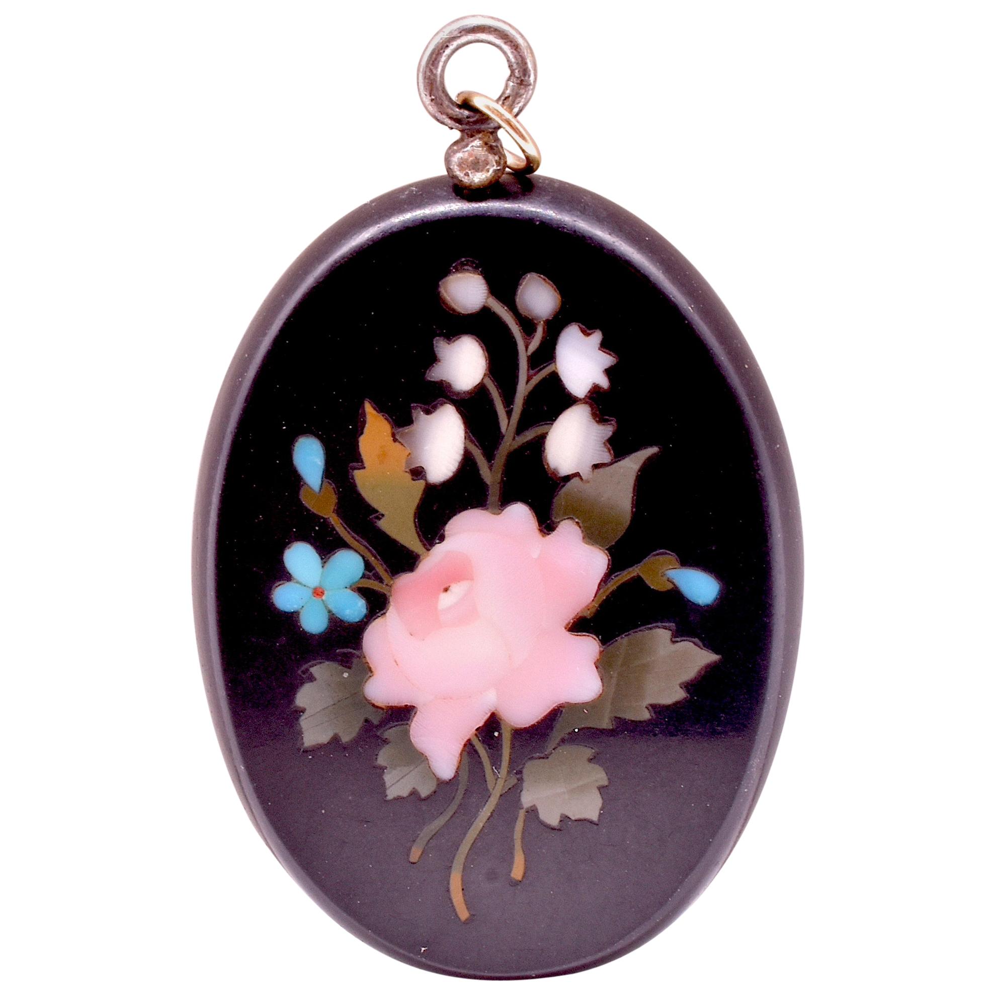 Antique Victorian Pietra Dura Locket Pendant with Floral Design, circa 1880