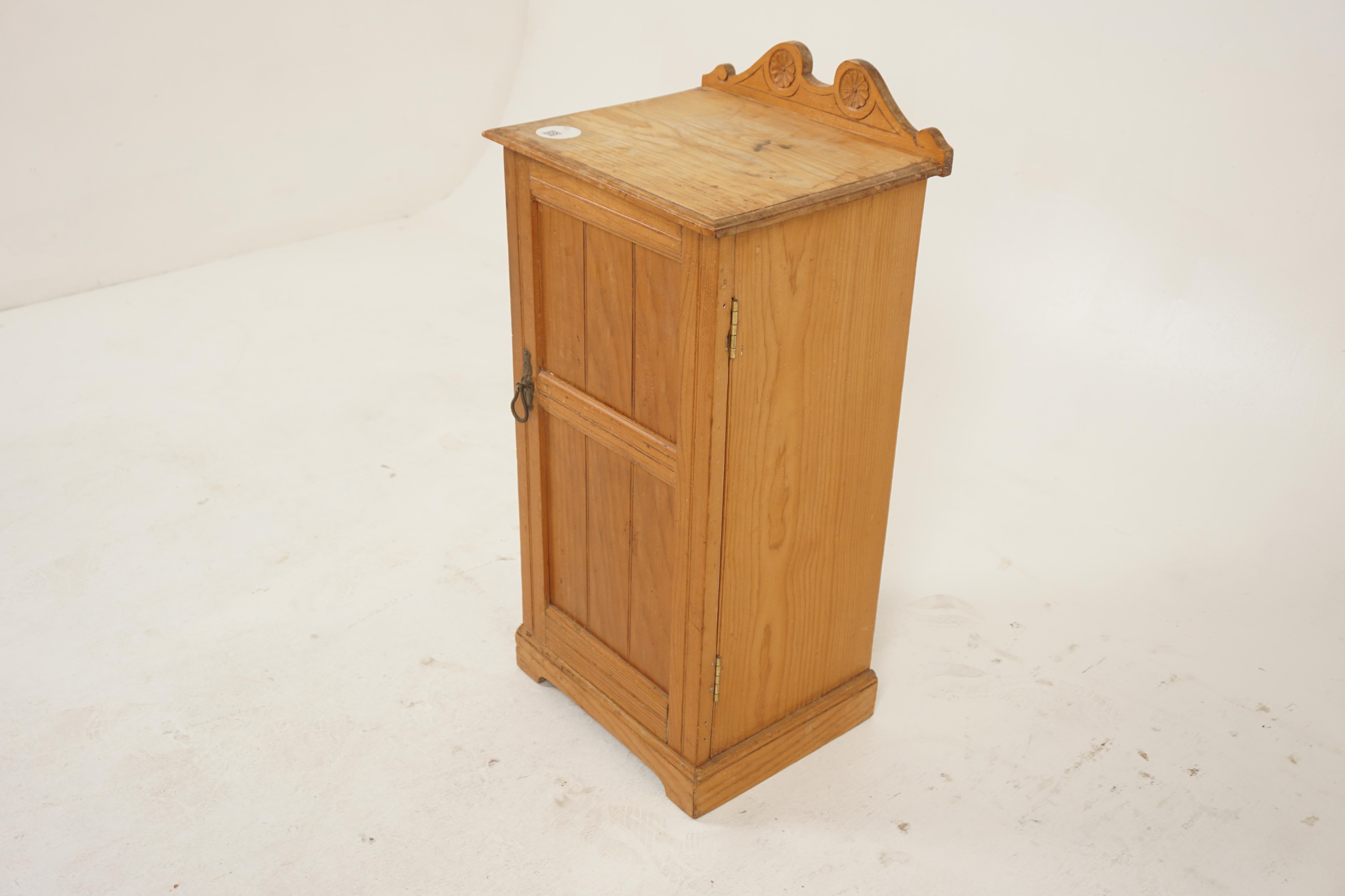 Antique Victorian Pine Bedside, Lamp, End Table,  Scotland 1890, H1143

Solid Pine
Original finish
Rectangular moulded top with edge
Carved shaped pediment on back
Panelled door below with original handle
Opens to reveal a single pine storage