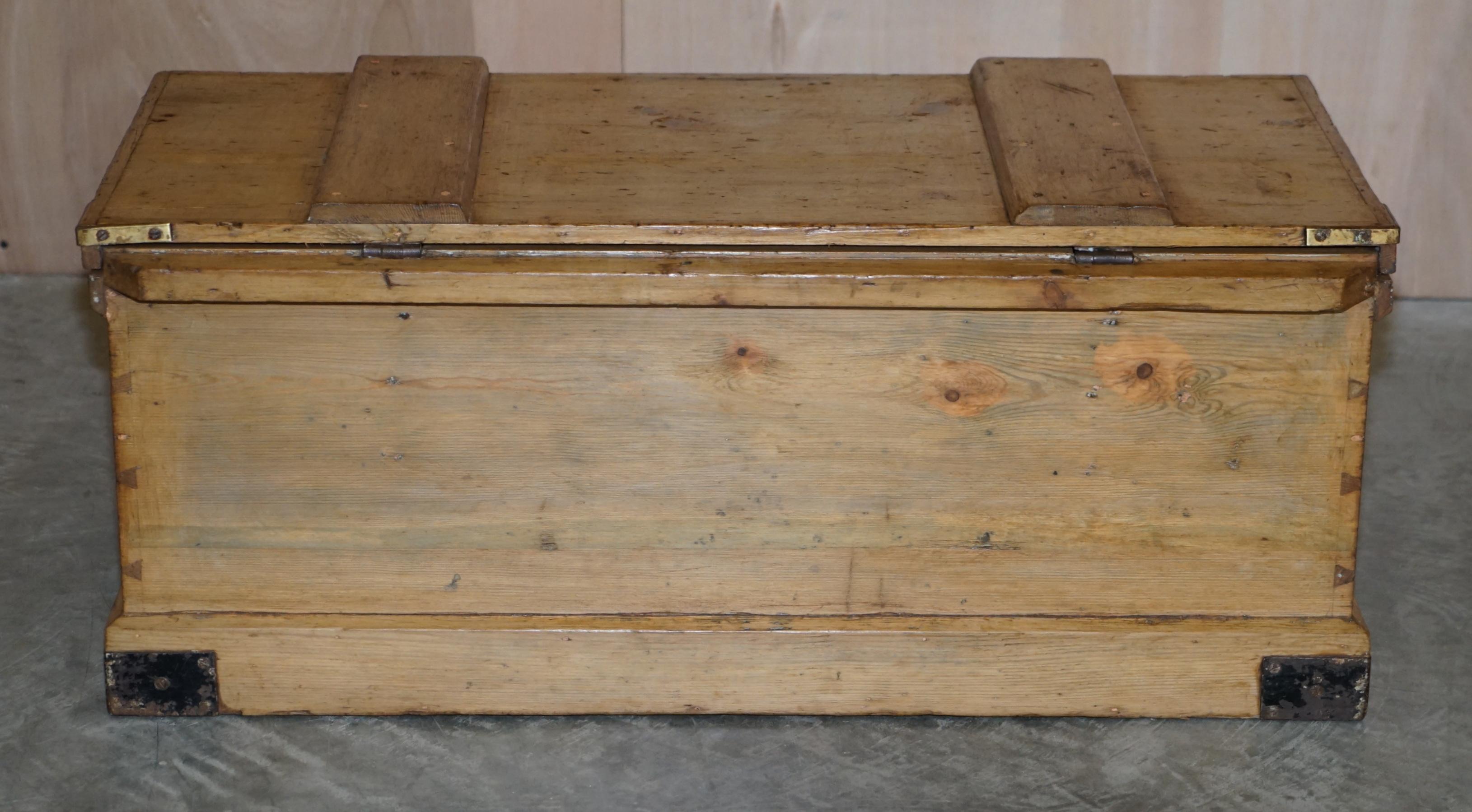 Antique Victorian Pine Military Campaign Blanket Box Chest Trunk Coffee Table For Sale 5