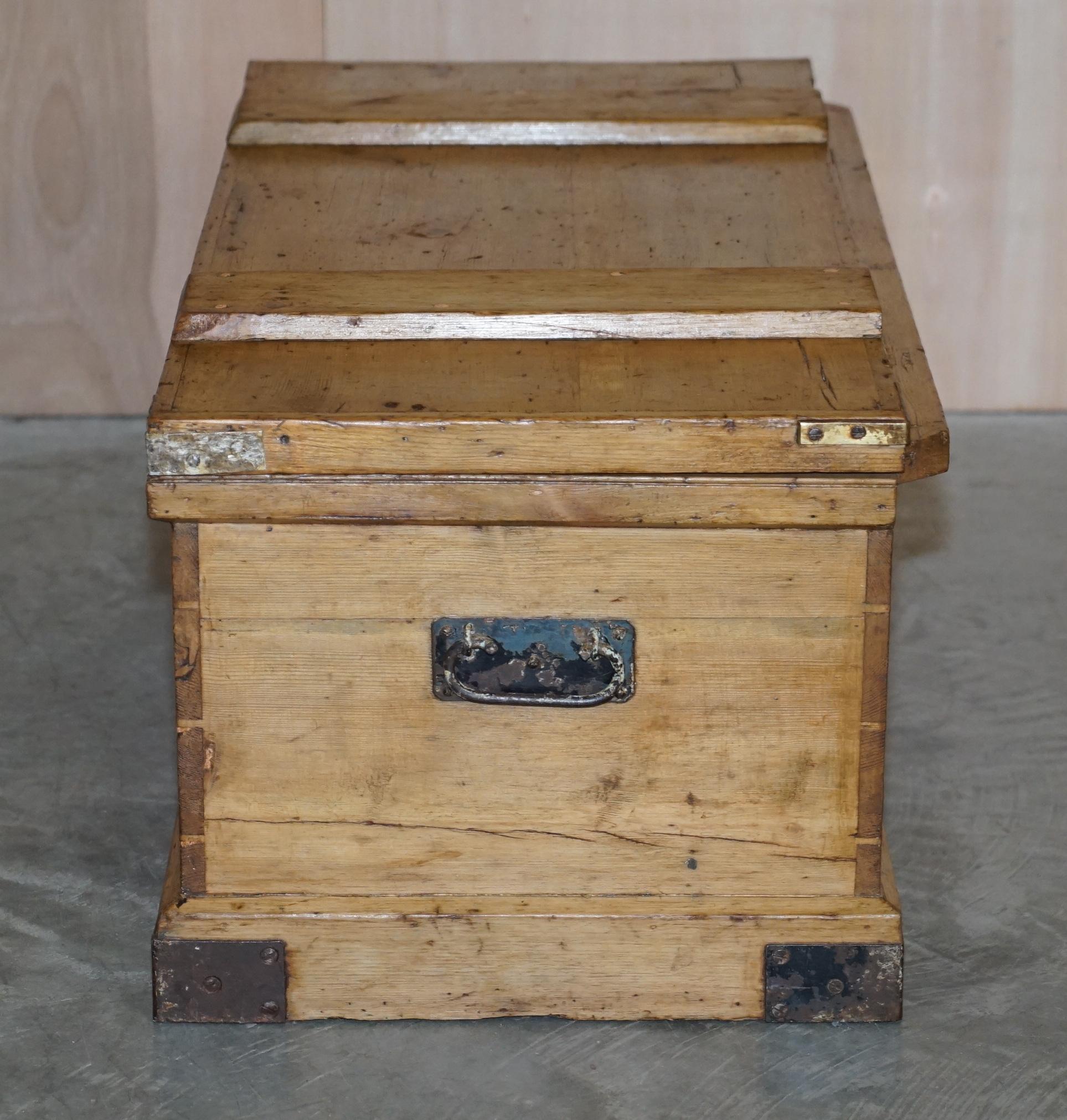 Antique Victorian Pine Military Campaign Blanket Box Chest Trunk Coffee Table For Sale 7