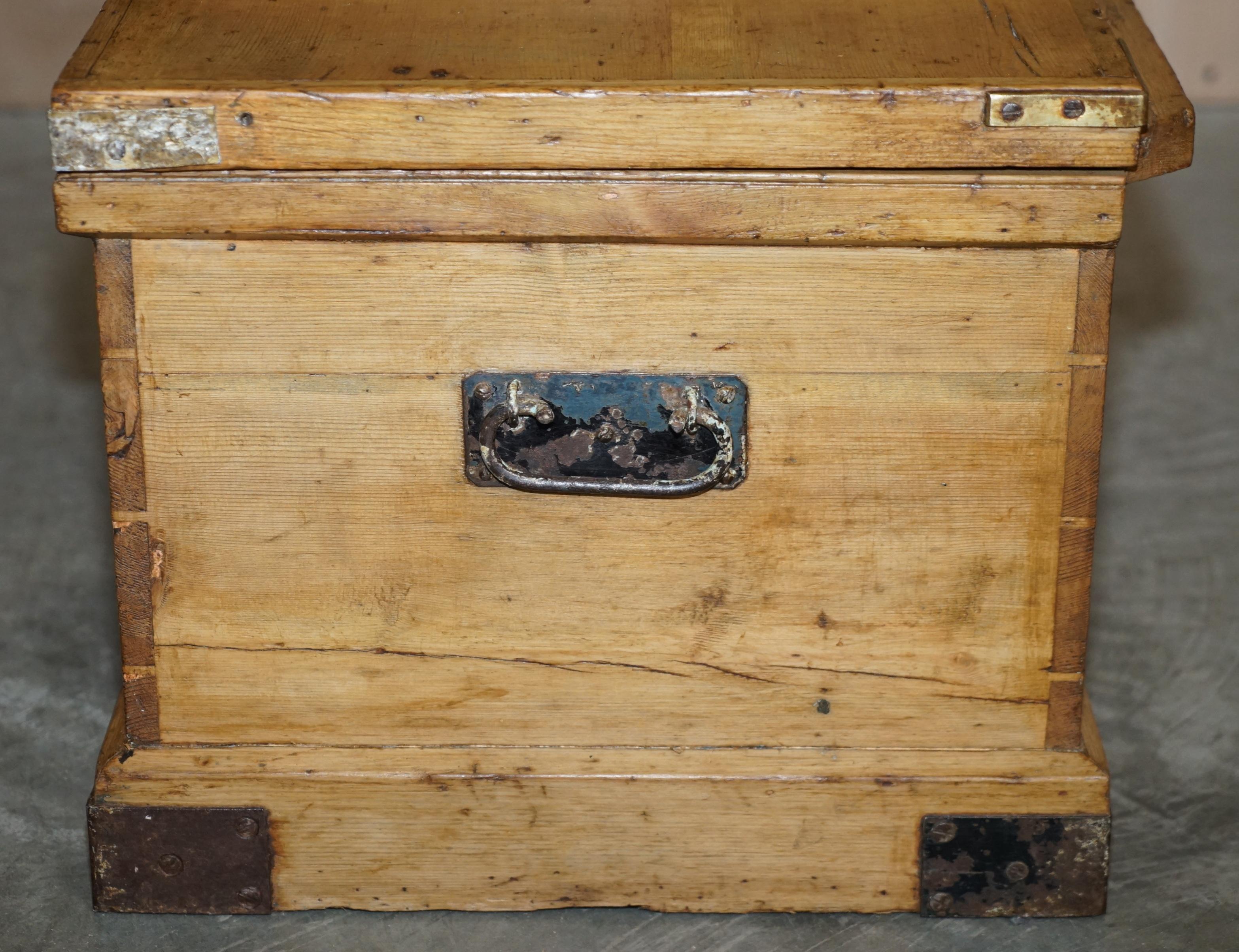 Antique Victorian Pine Military Campaign Blanket Box Chest Trunk Coffee Table For Sale 8