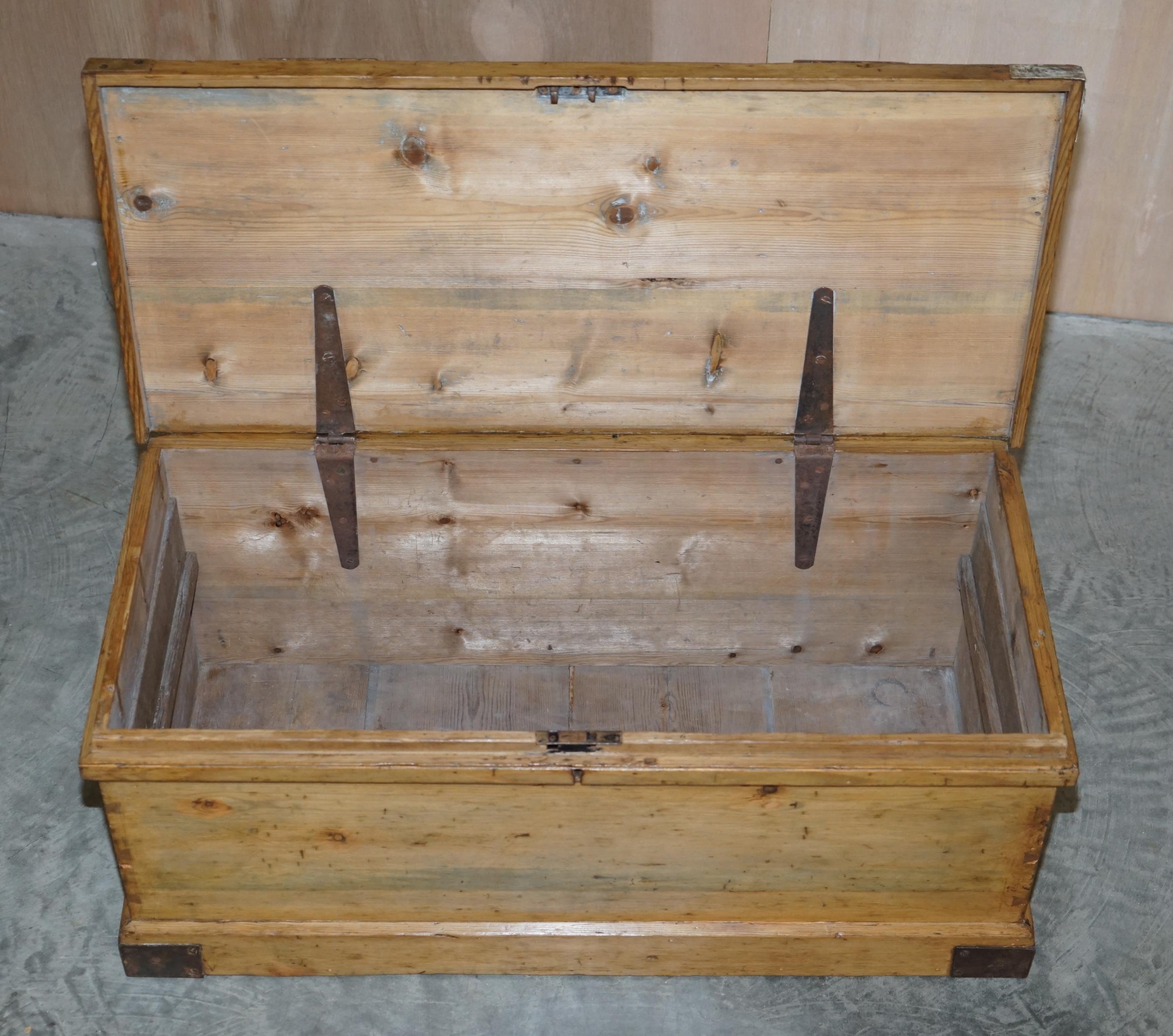 Antique Victorian Pine Military Campaign Blanket Box Chest Trunk Coffee Table For Sale 10