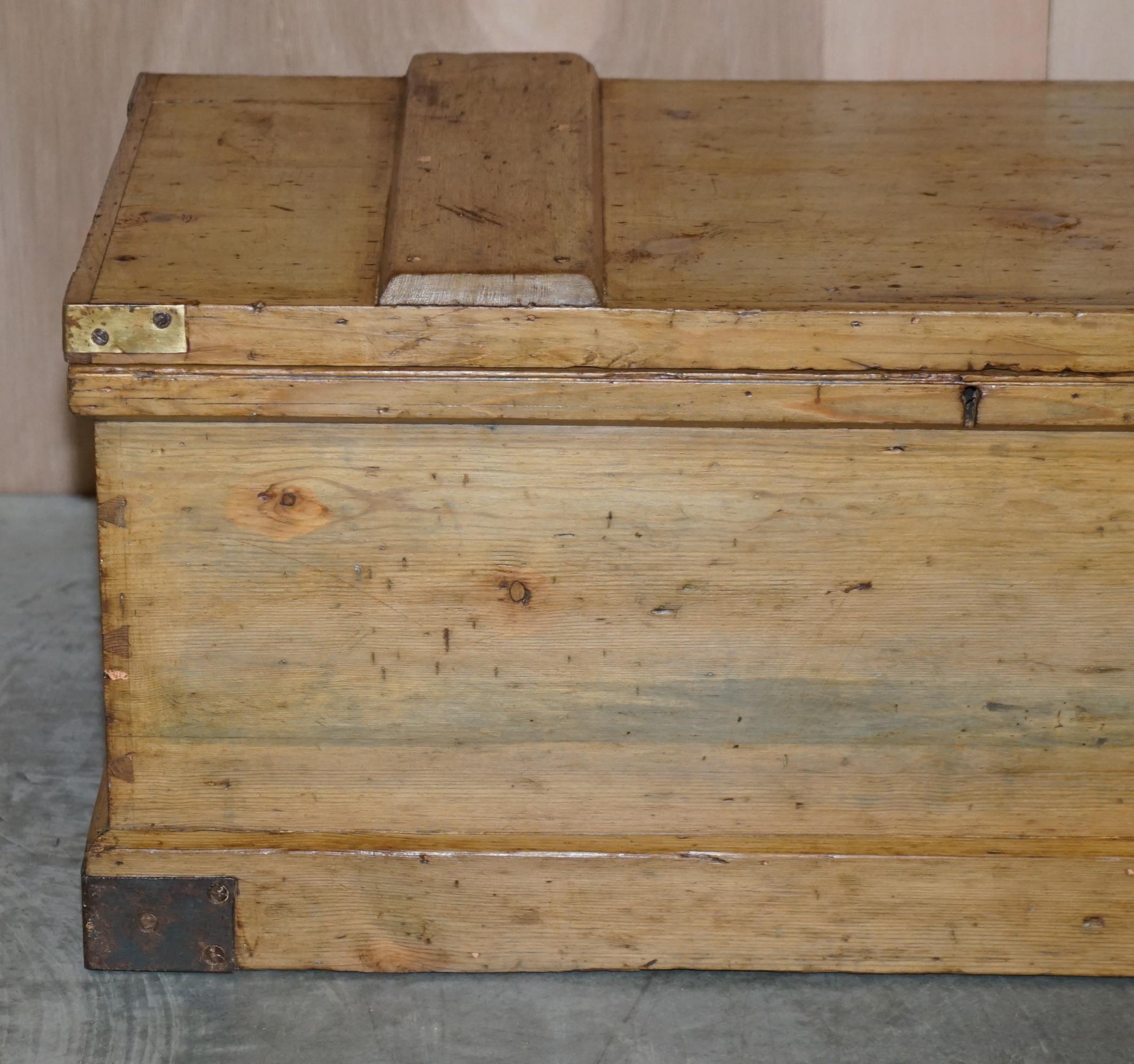 Mid-19th Century Antique Victorian Pine Military Campaign Blanket Box Chest Trunk Coffee Table For Sale