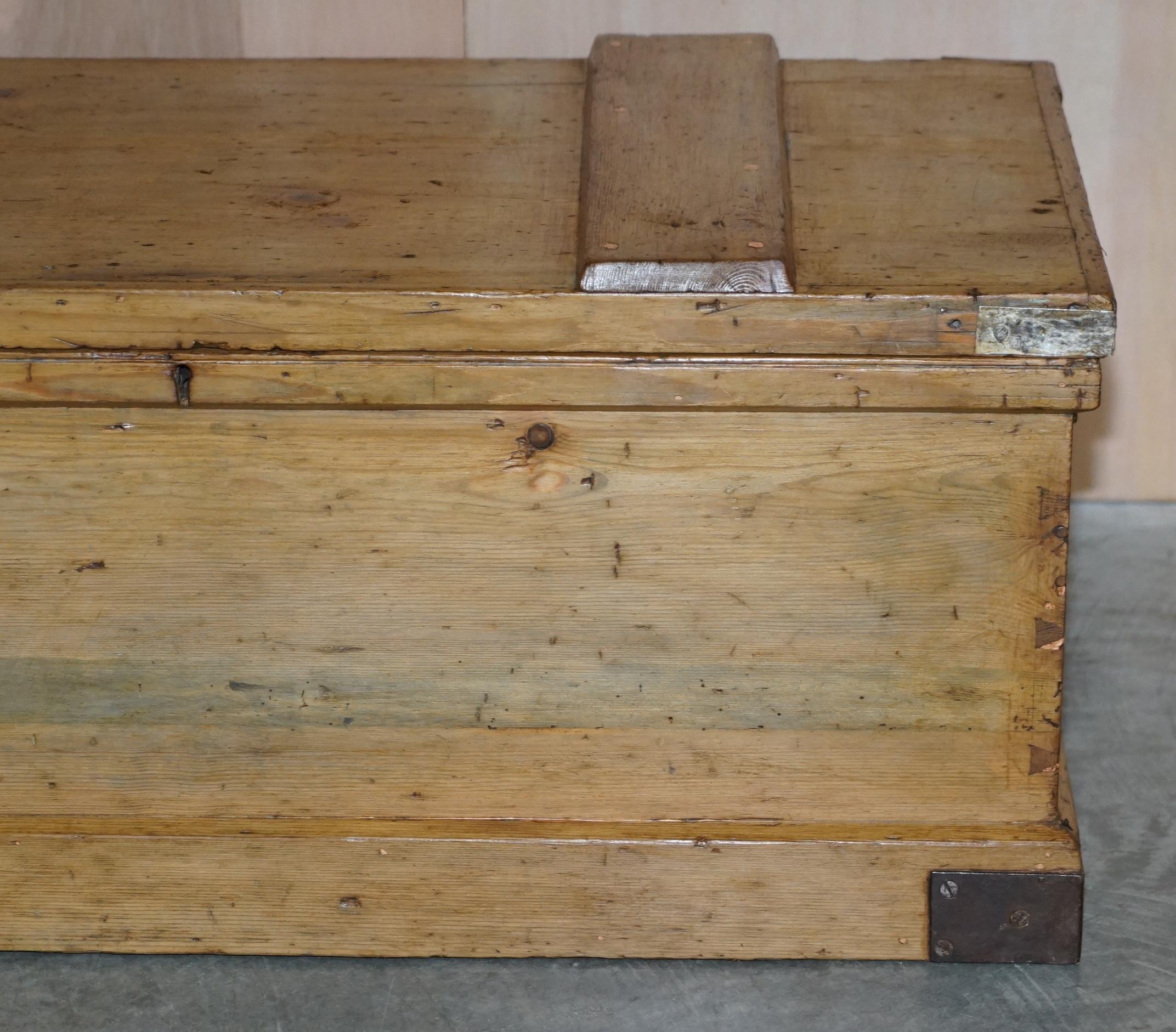 Antique Victorian Pine Military Campaign Blanket Box Chest Trunk Coffee Table For Sale 1