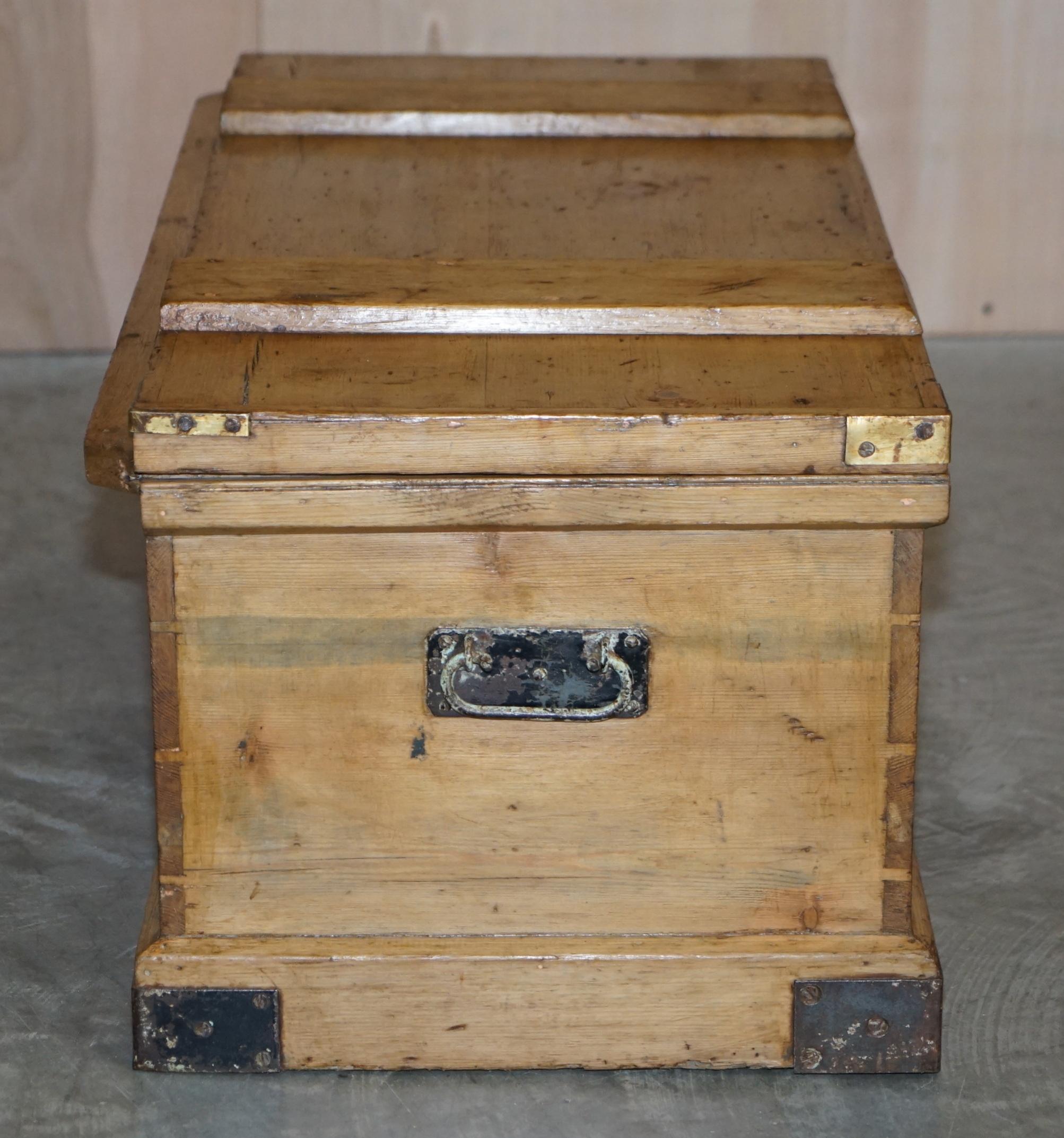 Antique Victorian Pine Military Campaign Blanket Box Chest Trunk Coffee Table For Sale 2
