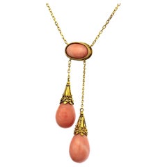 Antique Victorian Pink Coral Necklace in 18-K Gold, Archaeological Revival 
