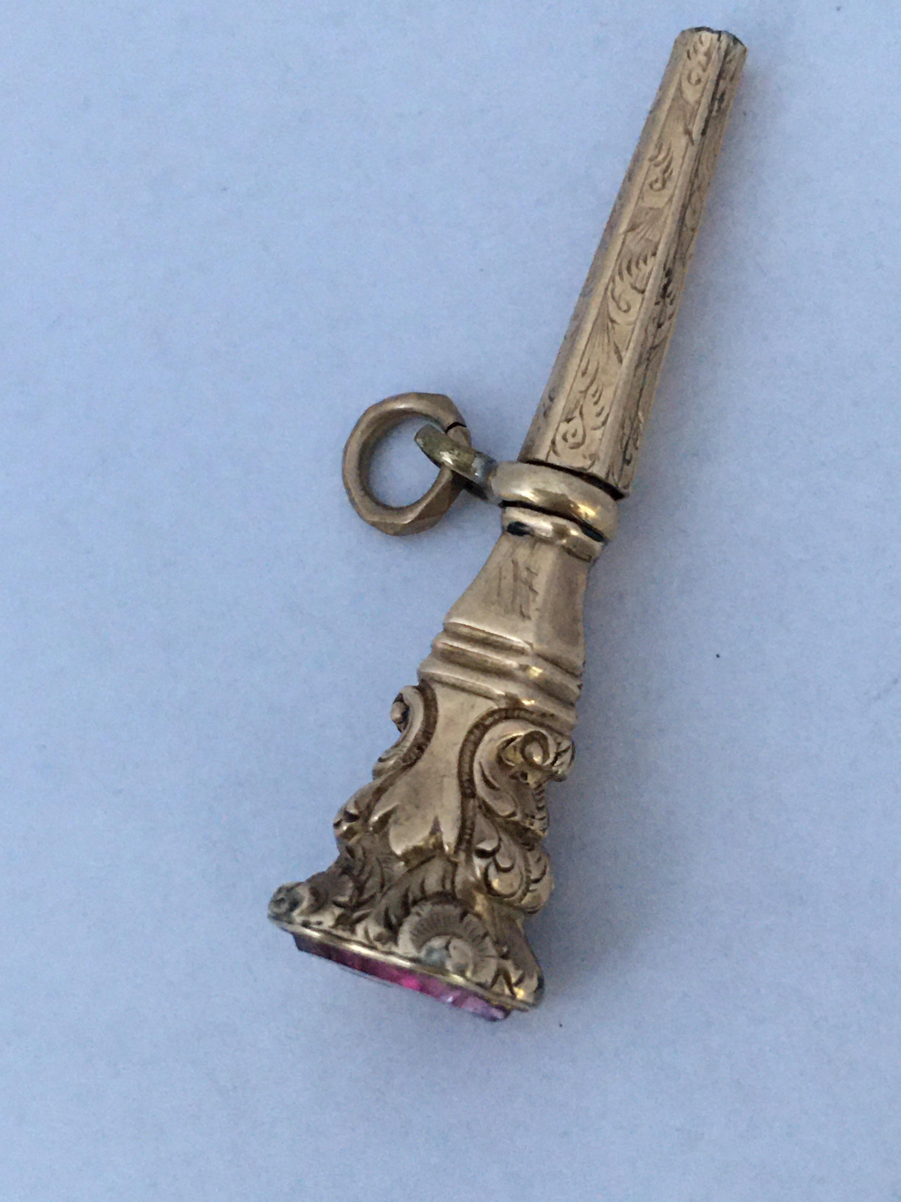 Antique Victorian Pink Paste Gold Cased Trumpet Watch Key Fob Pendant Charm In Good Condition For Sale In Carlisle, GB
