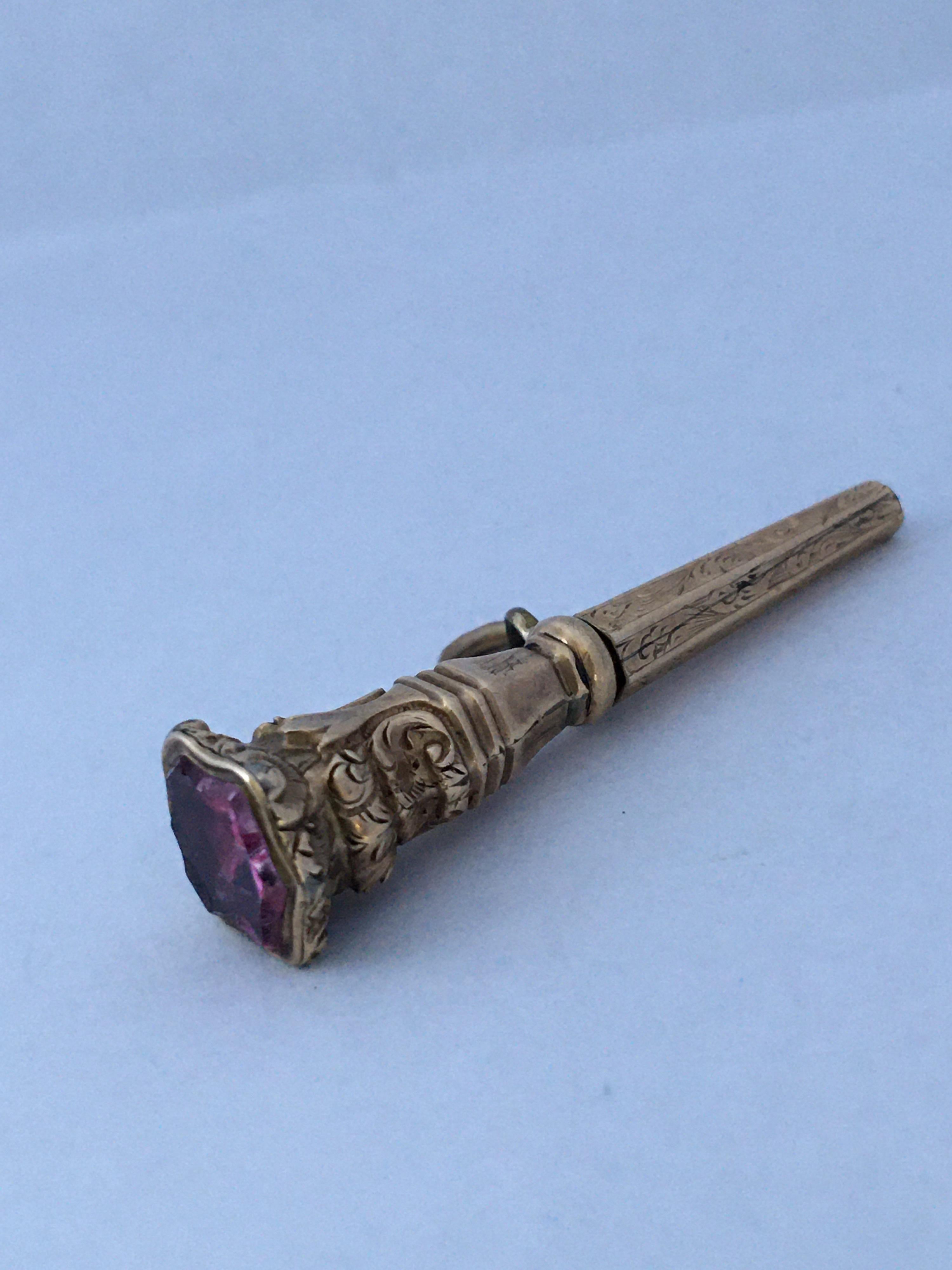 Antique Victorian Pink Paste Gold Cased Trumpet Watch Key Fob Pendant Charm For Sale 4