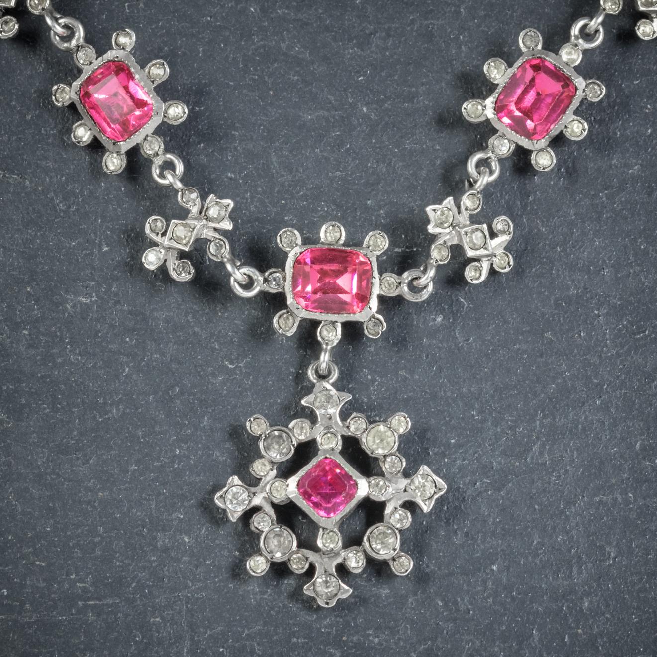 Antique Victorian Pink Paste Silver circa 1900 Necklace In Excellent Condition In Lancaster , GB