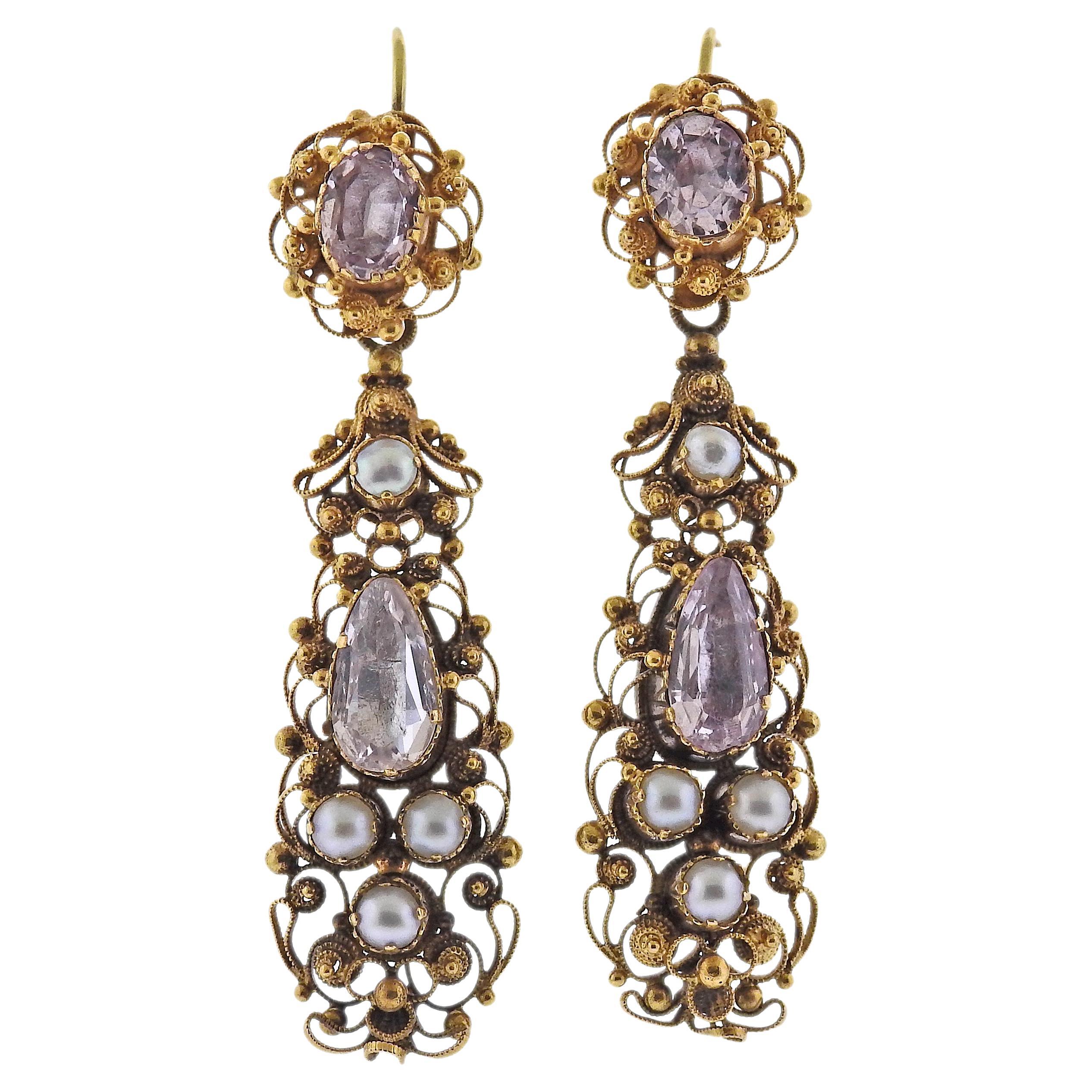 baroque earrings blue gem pearls Indian chandelier earrings ornate brass chandelier with 3 small blue cabochons Bohemian