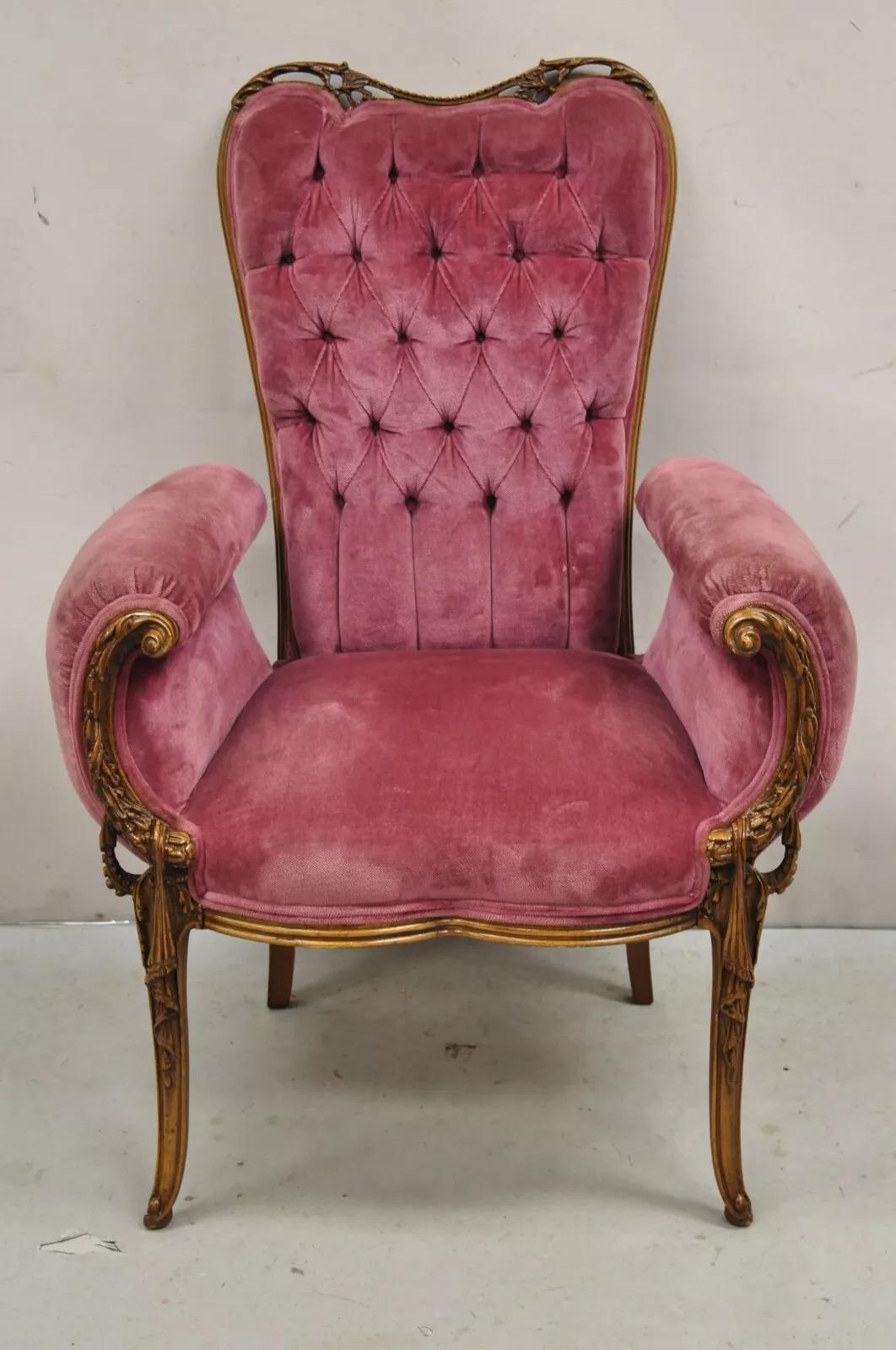 Antique Victorian Pink Tufted Carved Wood Parlor Arm Chair For Sale 4
