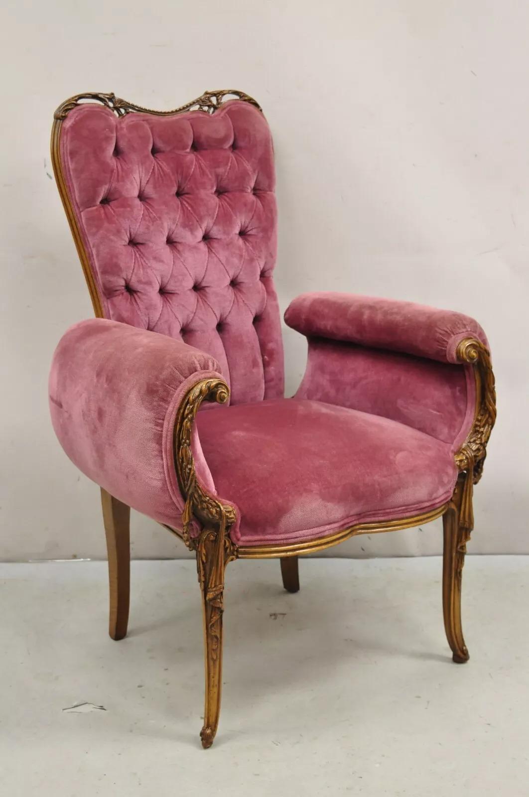 Antique Victorian Pink Tufted Carved Wood Parlor Arm Chair. Circa Early 20th Century. Measurements: 42.5