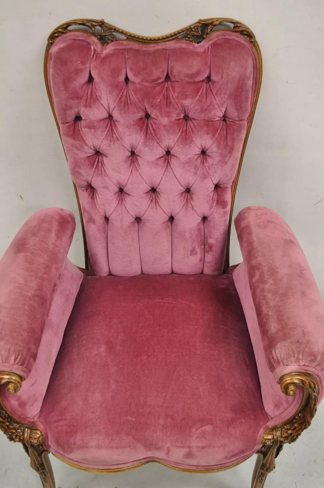 Unknown Antique Victorian Pink Tufted Carved Wood Parlor Arm Chair For Sale
