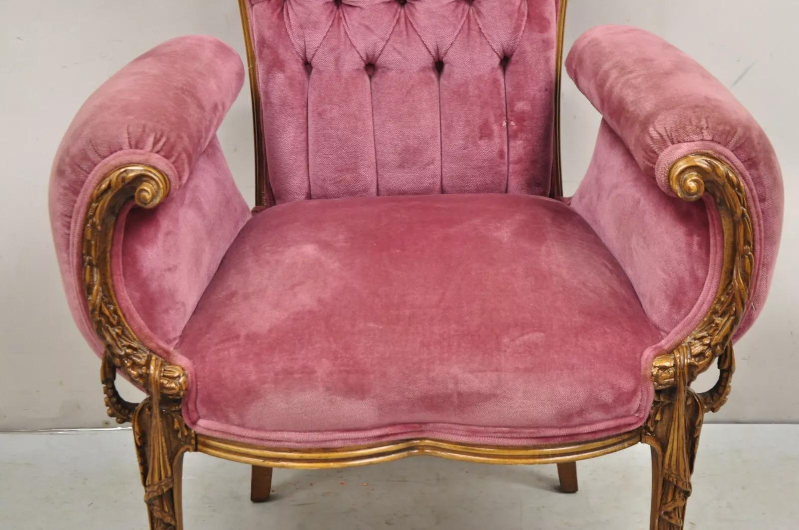 20th Century Antique Victorian Pink Tufted Carved Wood Parlor Arm Chair For Sale
