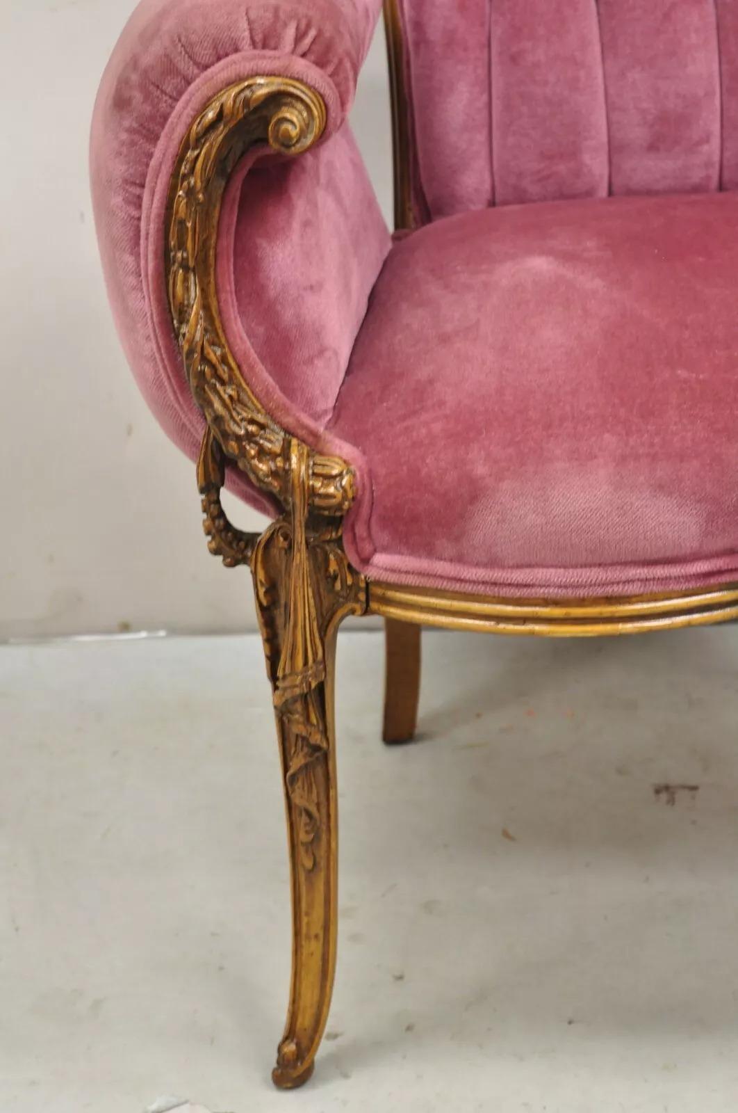 Fabric Antique Victorian Pink Tufted Carved Wood Parlor Arm Chair For Sale
