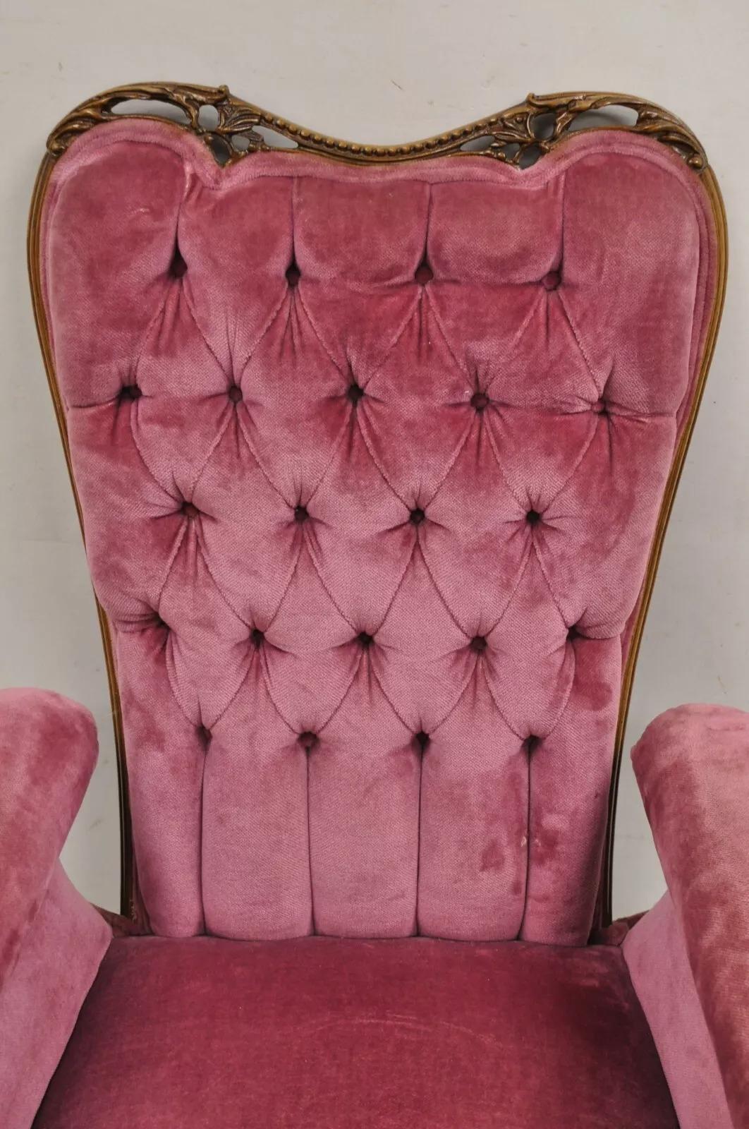Antique Victorian Pink Tufted Carved Wood Parlor Arm Chair For Sale 1