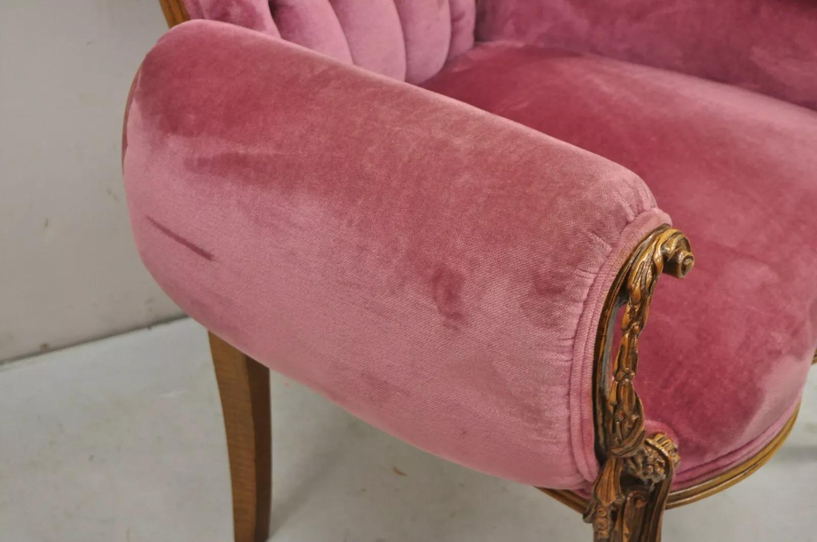 Antique Victorian Pink Tufted Carved Wood Parlor Arm Chair For Sale 2
