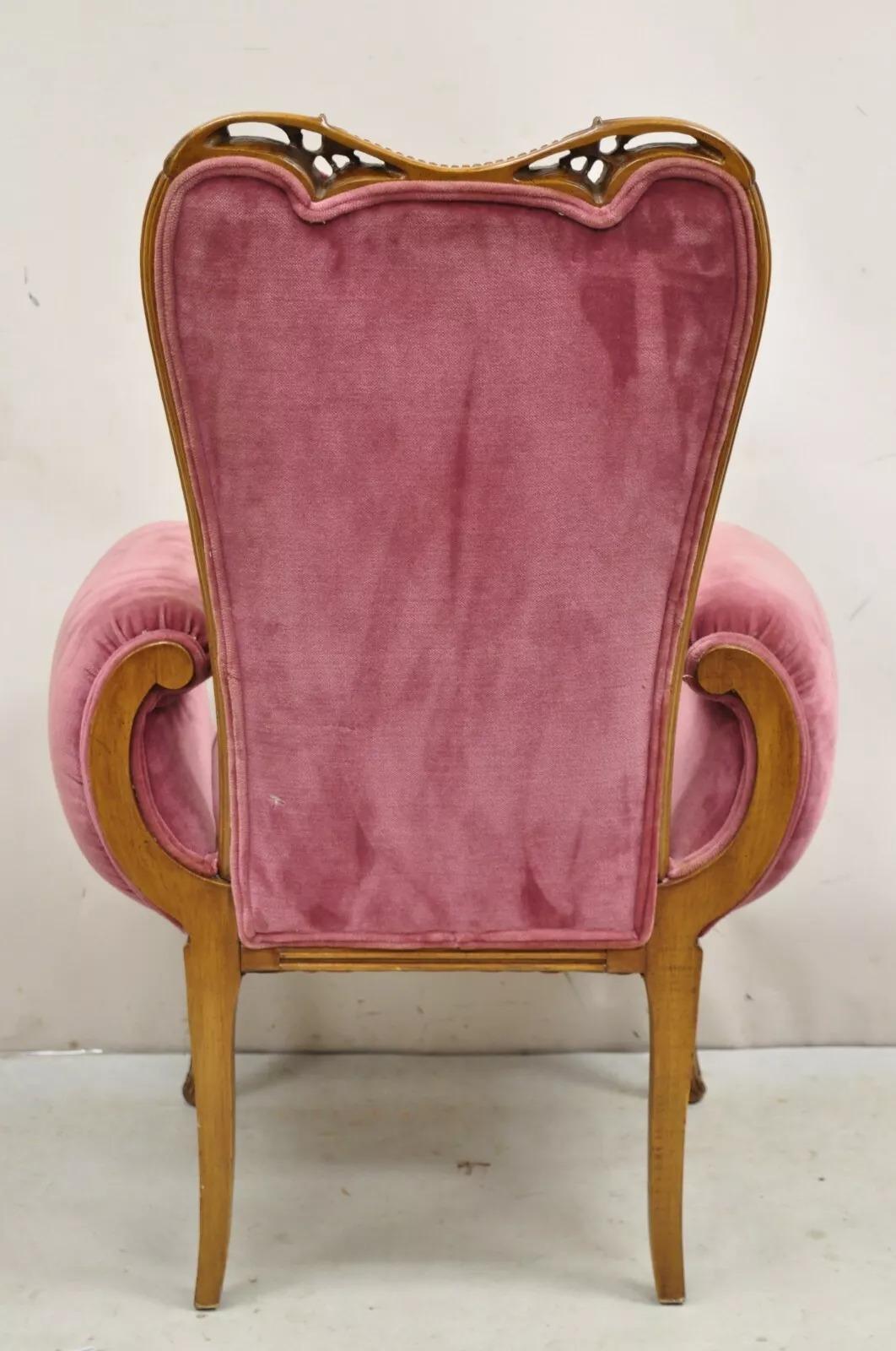 Antique Victorian Pink Tufted Carved Wood Parlor Arm Chair For Sale 3
