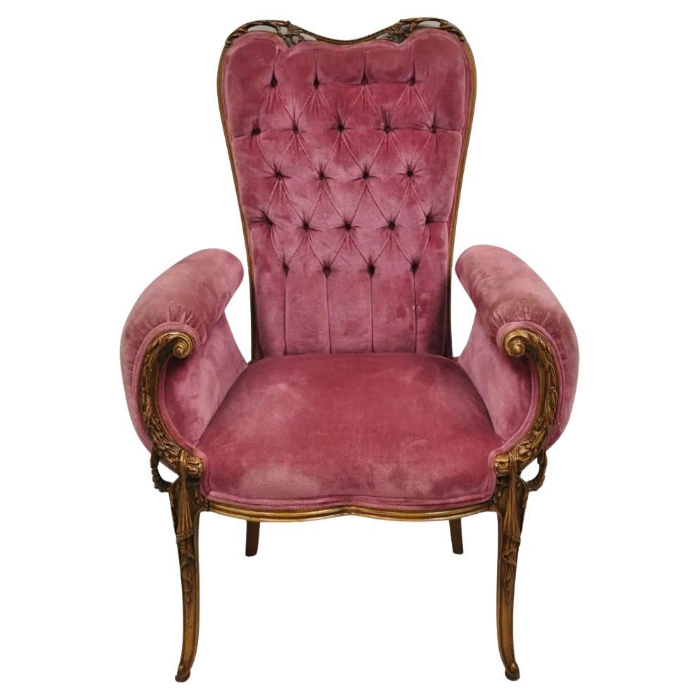Antique Victorian Pink Tufted Carved Wood Parlor Arm Chair