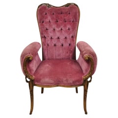 Antique Victorian Pink Tufted Carved Wood Parlor Arm Chair