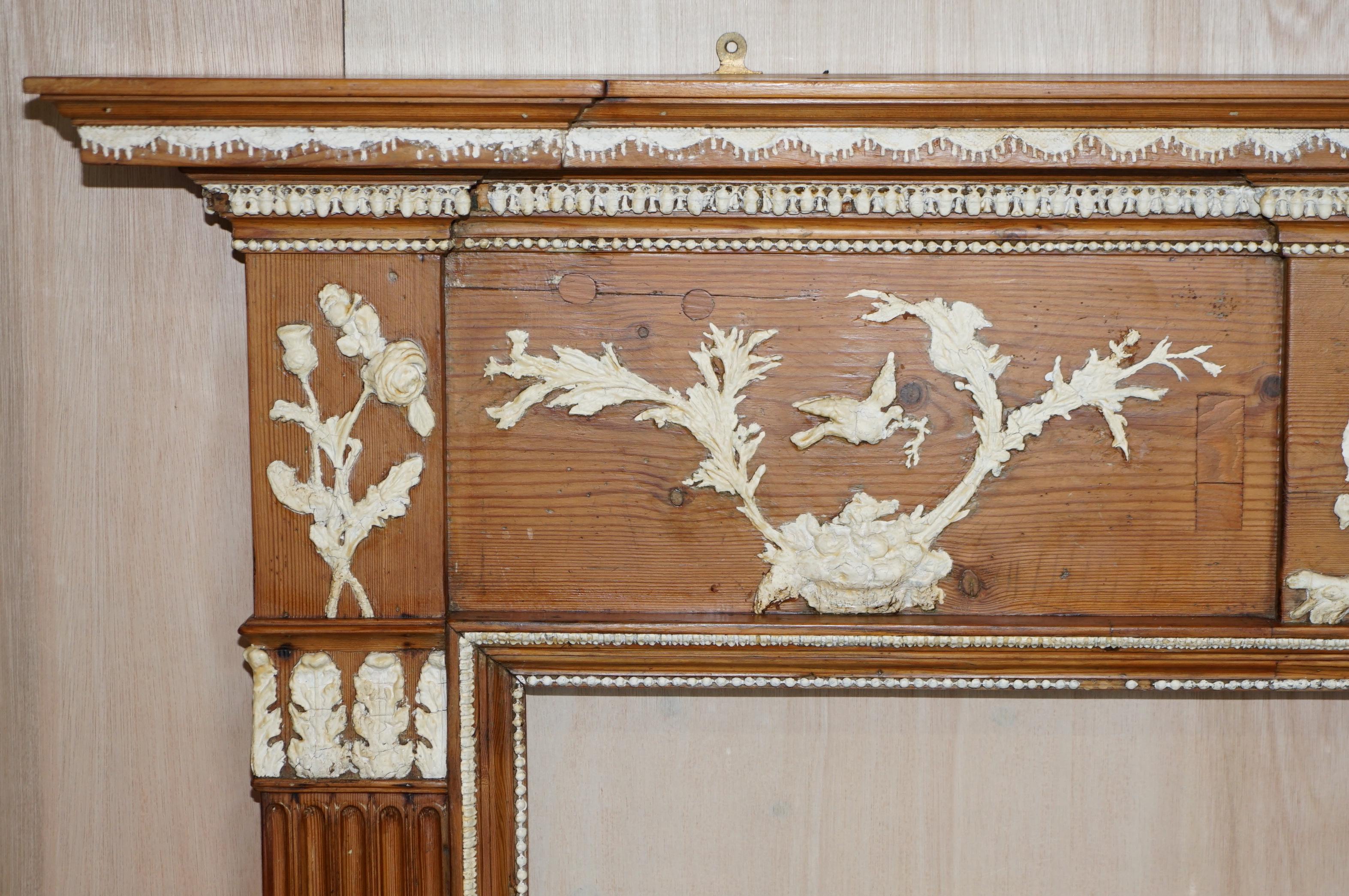 Antique Victorian Pitch Pine & Gesso Carved Fire Surround Fireplace Mantlepiece For Sale 5