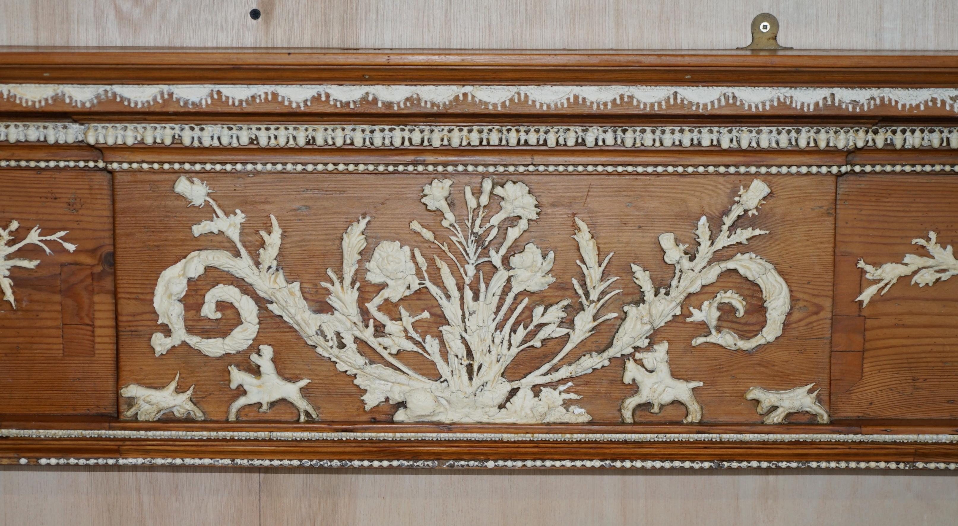 High Victorian Antique Victorian Pitch Pine & Gesso Carved Fire Surround Fireplace Mantlepiece For Sale