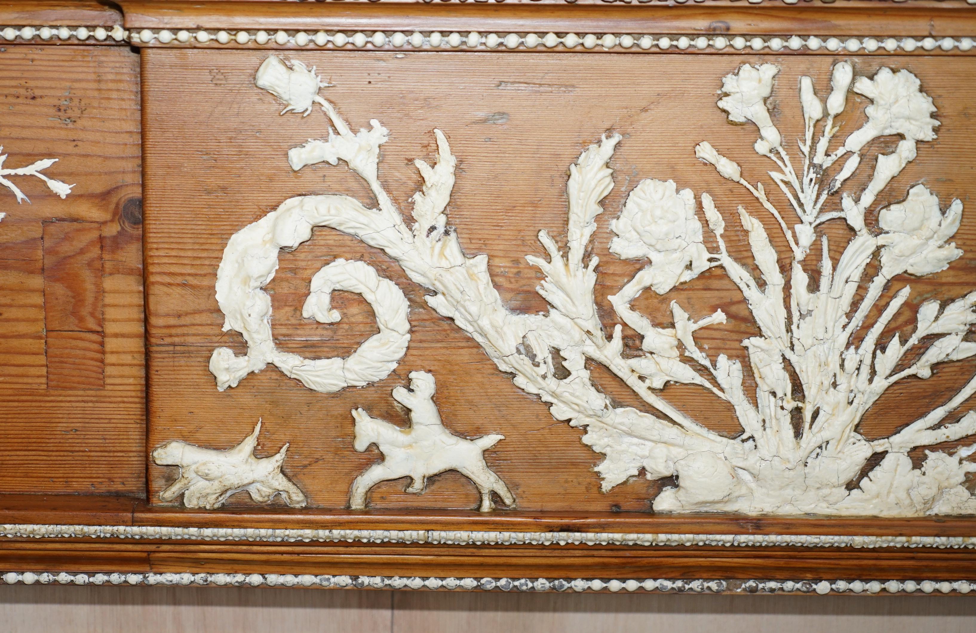English Antique Victorian Pitch Pine & Gesso Carved Fire Surround Fireplace Mantlepiece For Sale