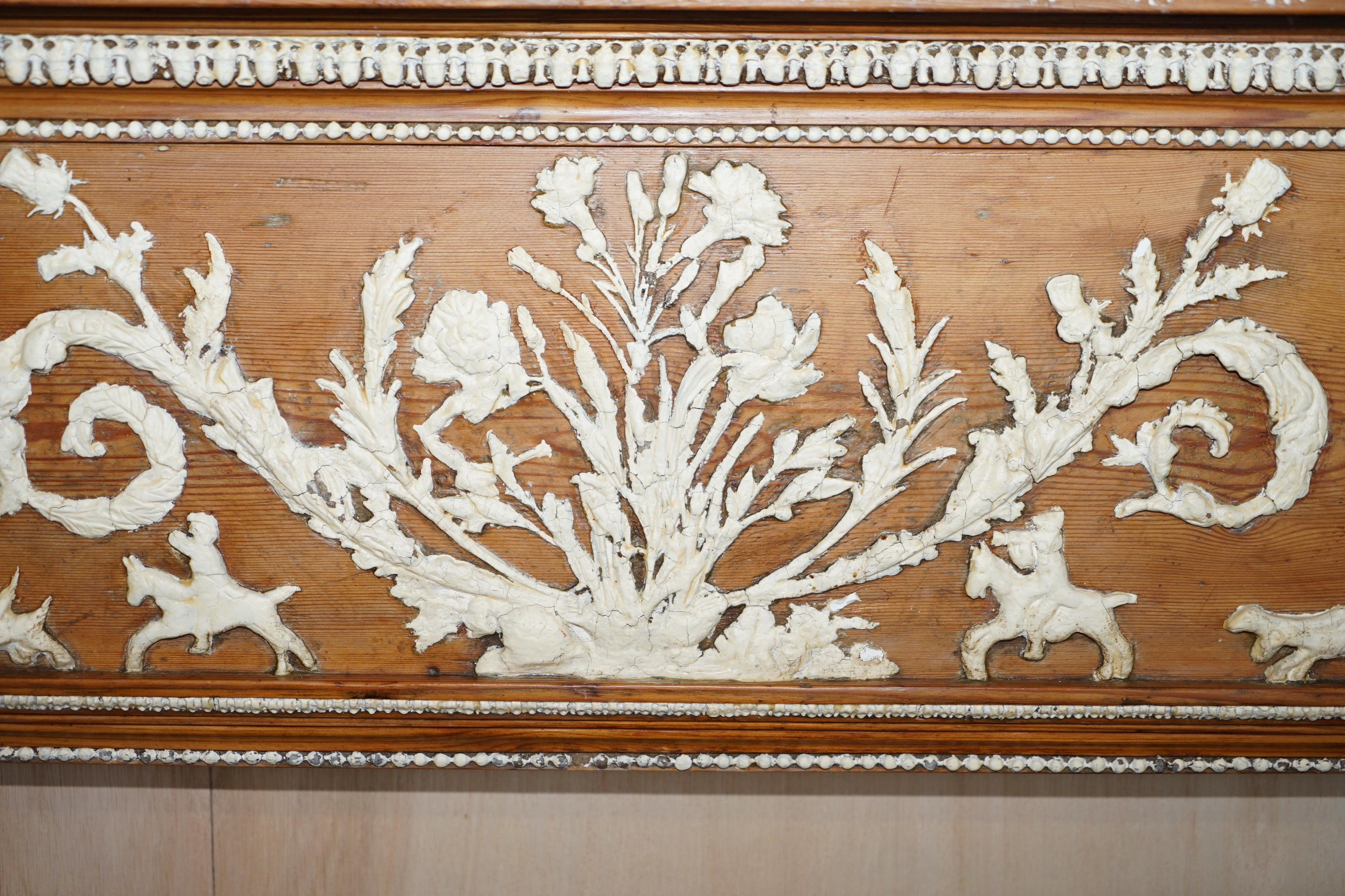 Hand-Crafted Antique Victorian Pitch Pine & Gesso Carved Fire Surround Fireplace Mantlepiece For Sale