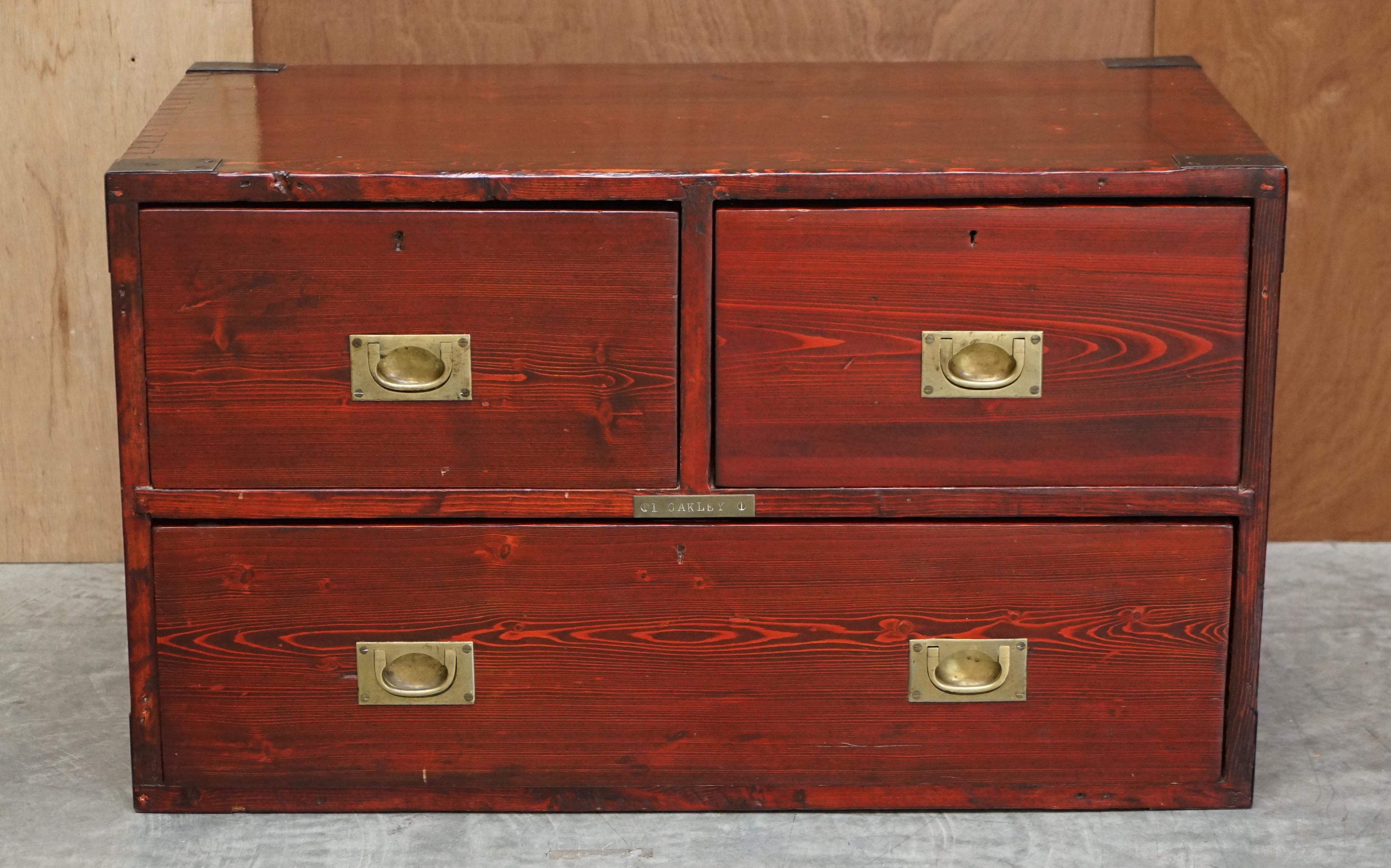 We are delighted to offer for sale this stunning original late Victorian Military Campaign used chest of drawers in pitch pine with wrought iron fixtures and fittings and brass name plate reading L Oakley

I’ve not seem a campaign chest before in