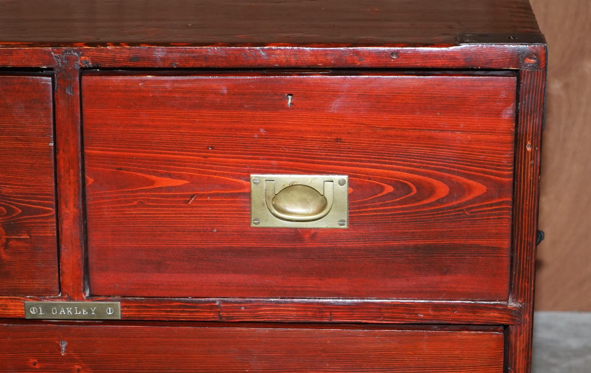 English Antique Victorian Pitch Pine Military Campaign Used Chest of Drawers +Name Plate For Sale