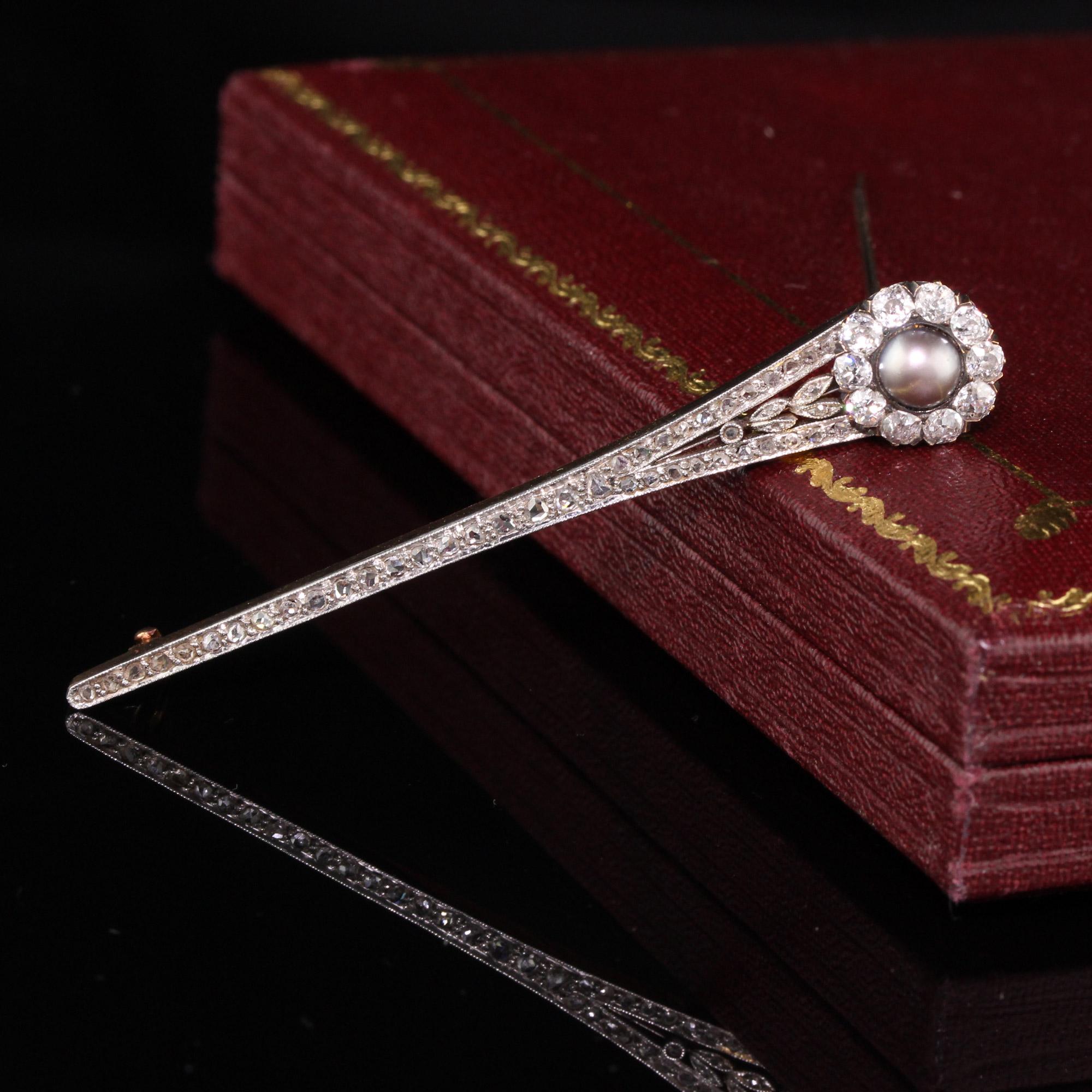 Gorgeous Victorian flower brooch with a Natural Pearl that is surrounded by Old Mine Cut diamonds.

#P0008

Metal: Platinum and 18K Gold

Weight: 7.5 Grams

Total Diamond Weight: Approximately 1.50 CTS

Diamond Color: H

Diamond Clarity: SI1