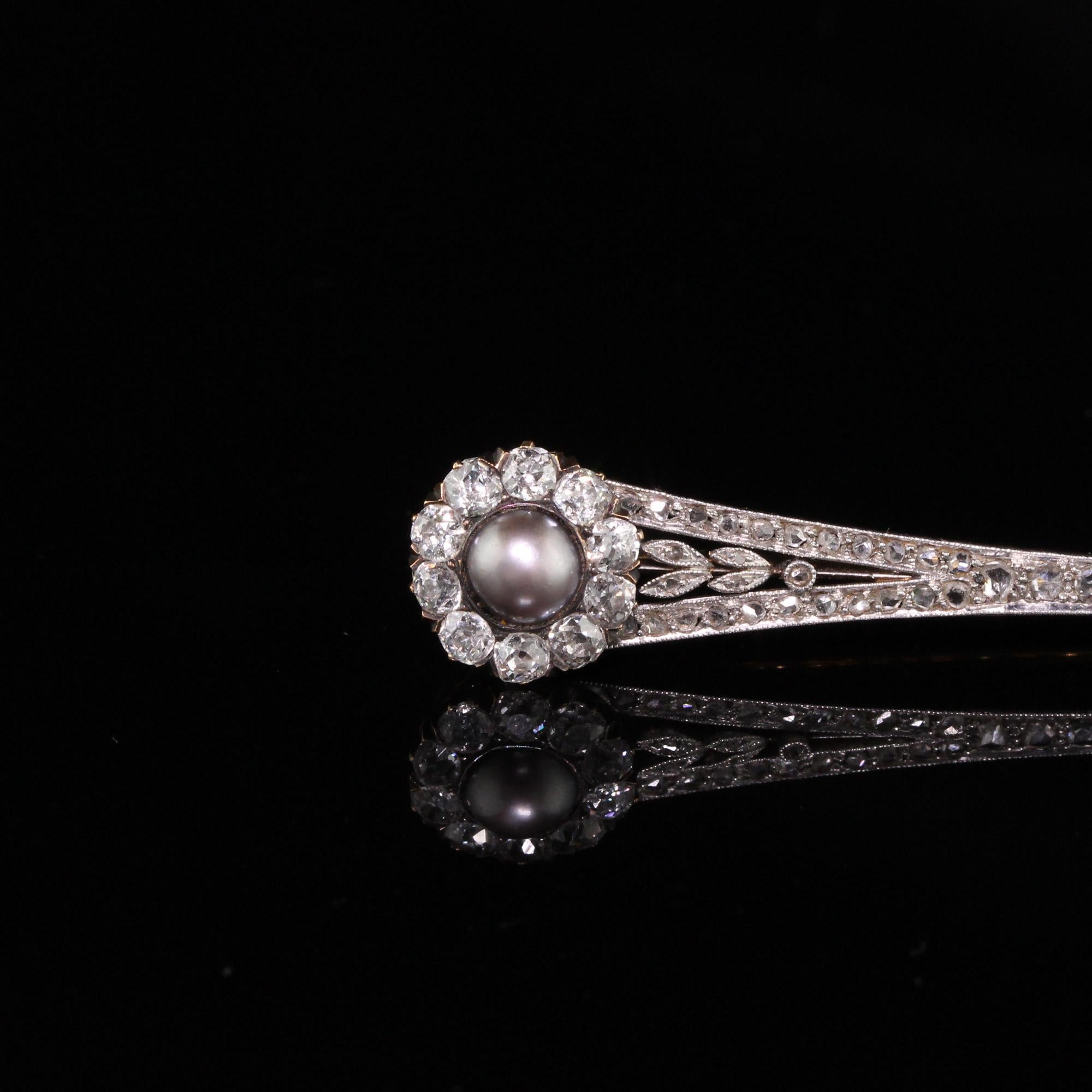 Old Mine Cut Antique Victorian Platinum Diamond and Pearl Brooch