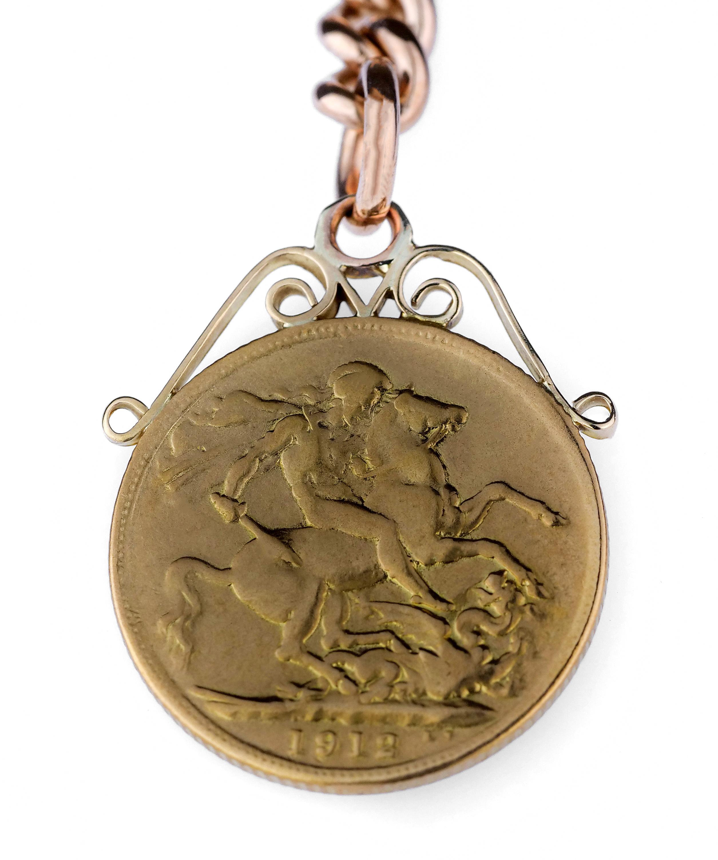 Edwardian Antique Victorian Pocket Watch Chain with British Hallmarked 18 Karat Gold, 1915