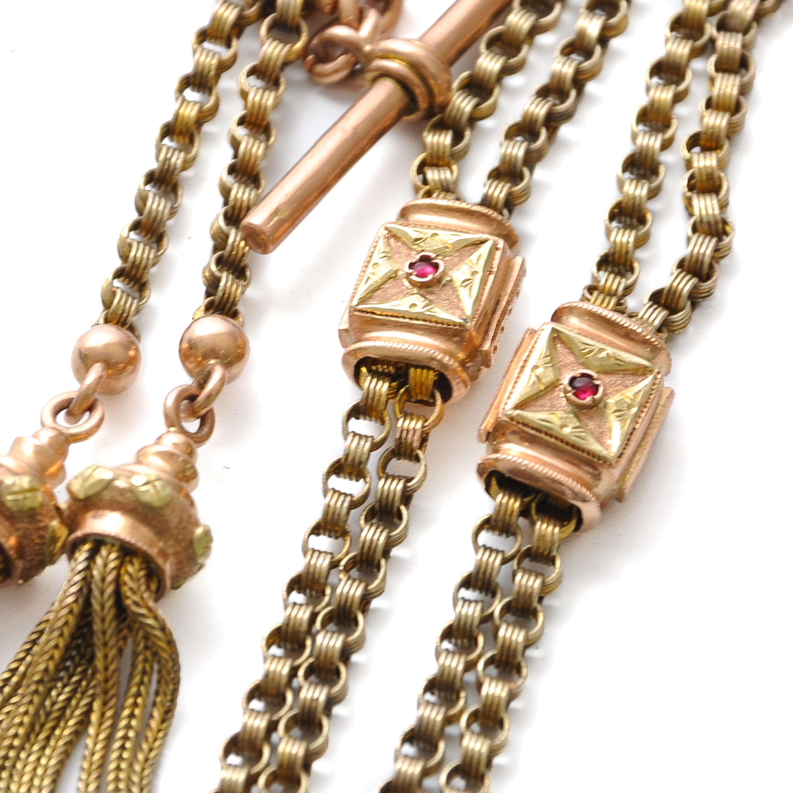 Antigua cadena victoriana de reloj de bolsillo con rubíes y borlas Corte europeo antiguo