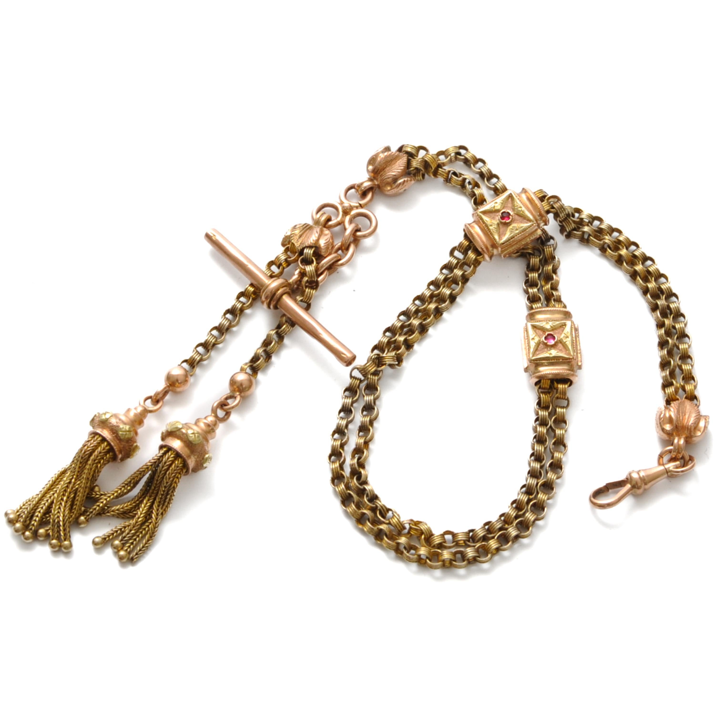 Femenino o masculino Antigua cadena victoriana de reloj de bolsillo con rubíes y borlas
