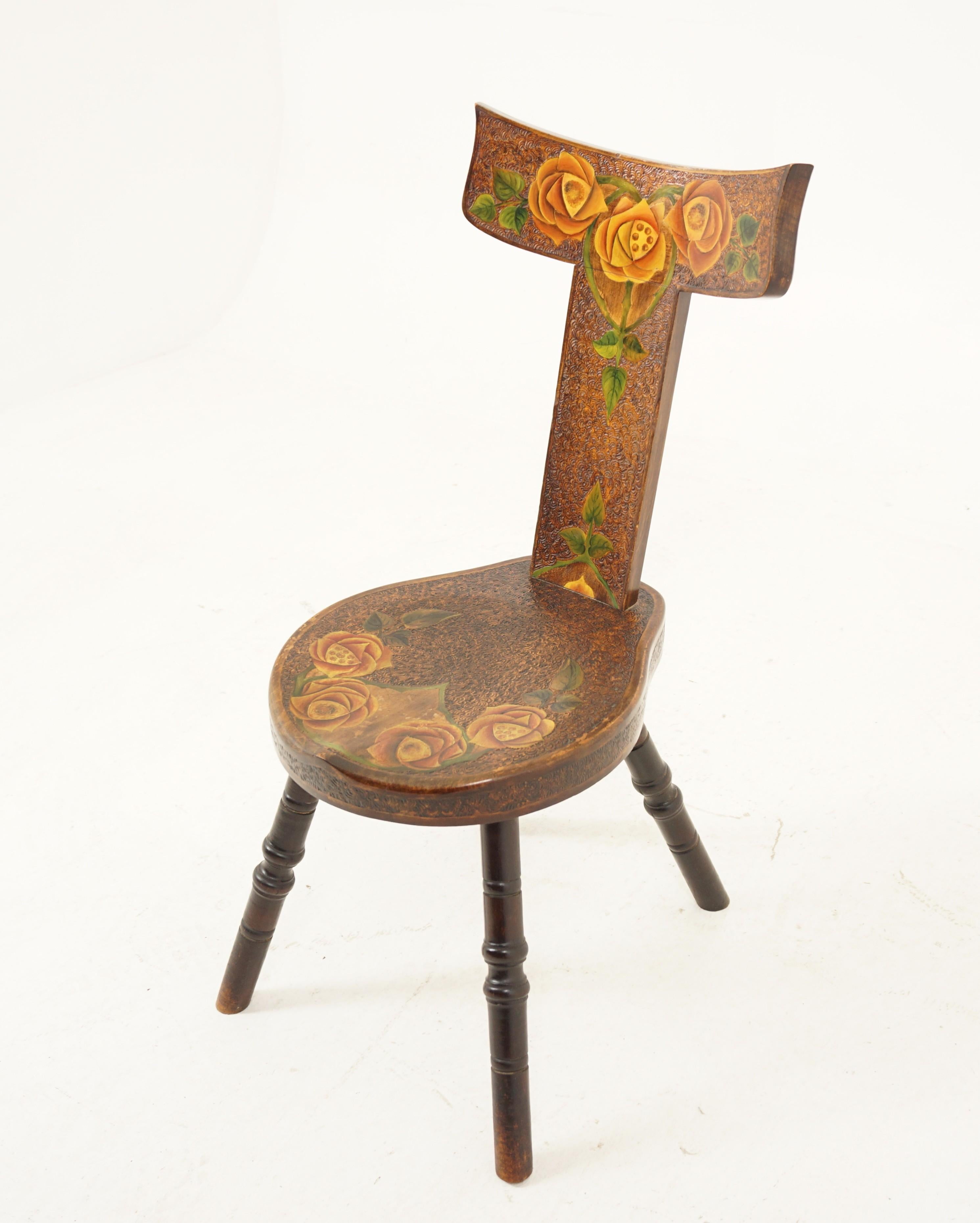 Antique Victorian Poker Work Spinning Chair, Painted Flowers, Scotland 1890, H024

Scotland 1890
Solid Beechwood
Original finish
Carved Shaped back with hand painted floral design
Carved wooden seat below
All standing on four turned legs
Lovely