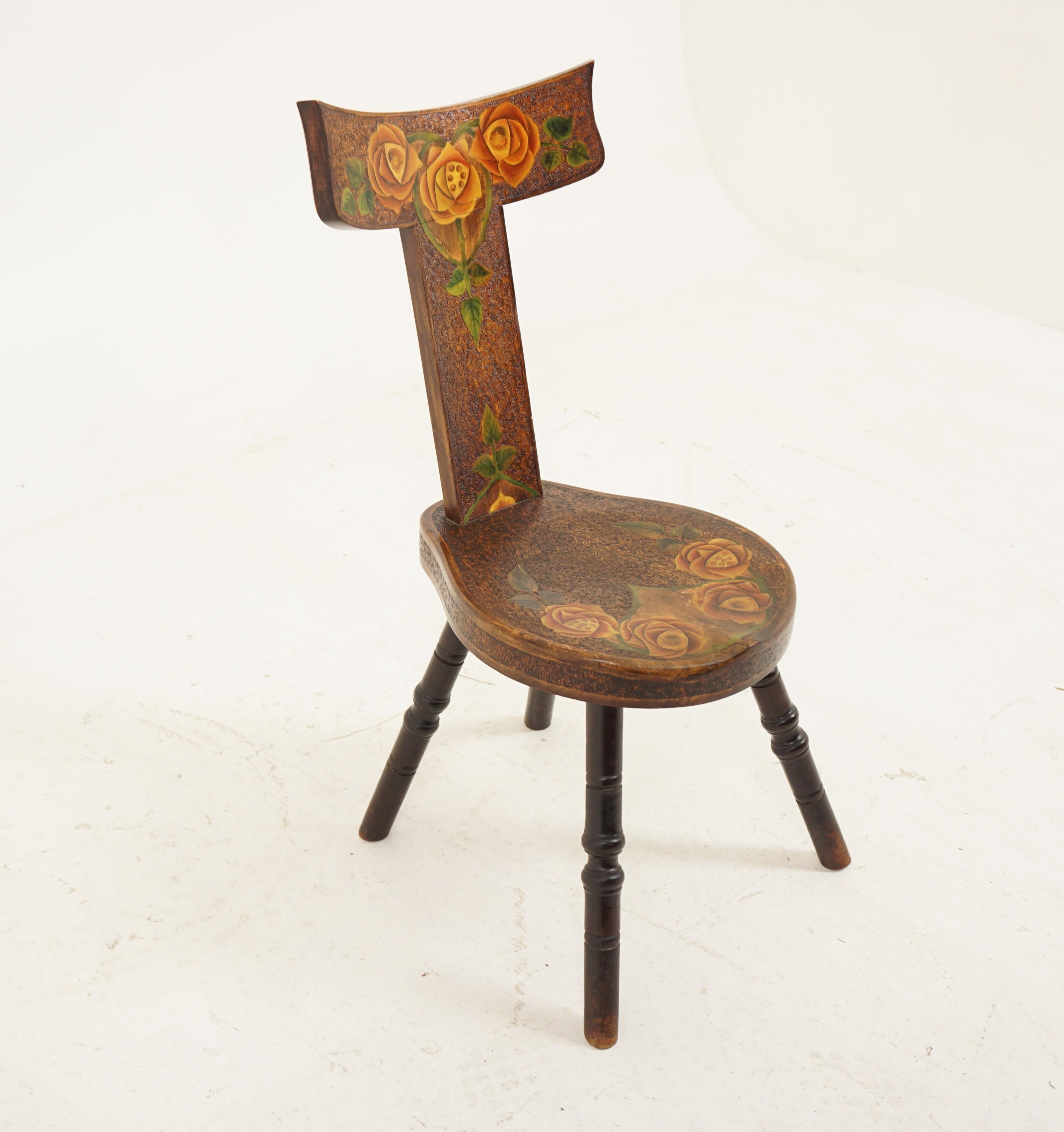 Scottish Antique Victorian Poker Work Spinning Chair, Painted Flowers Scotland 1890 H024
