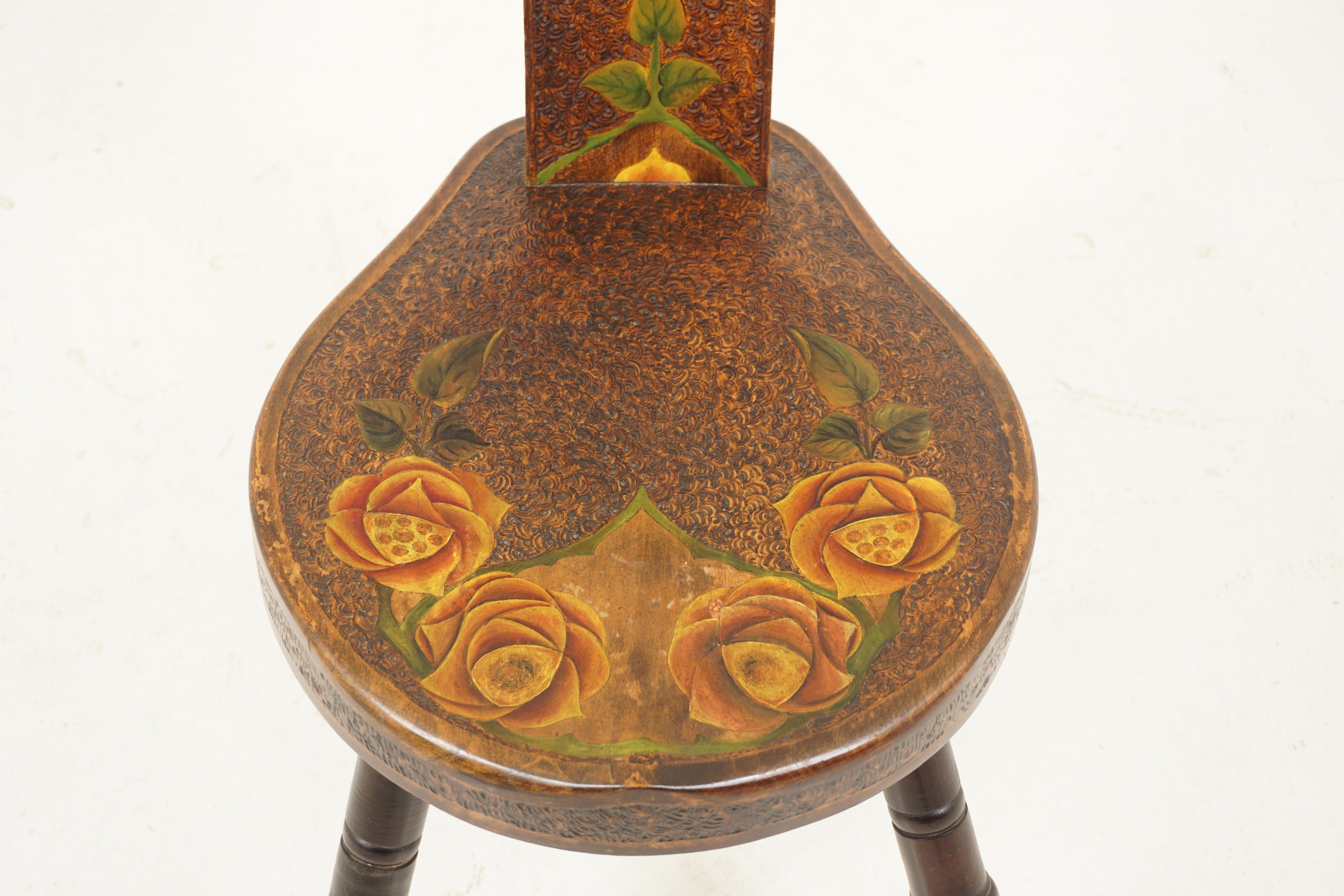 Late 19th Century Antique Victorian Poker Work Spinning Chair, Painted Flowers Scotland 1890 H024
