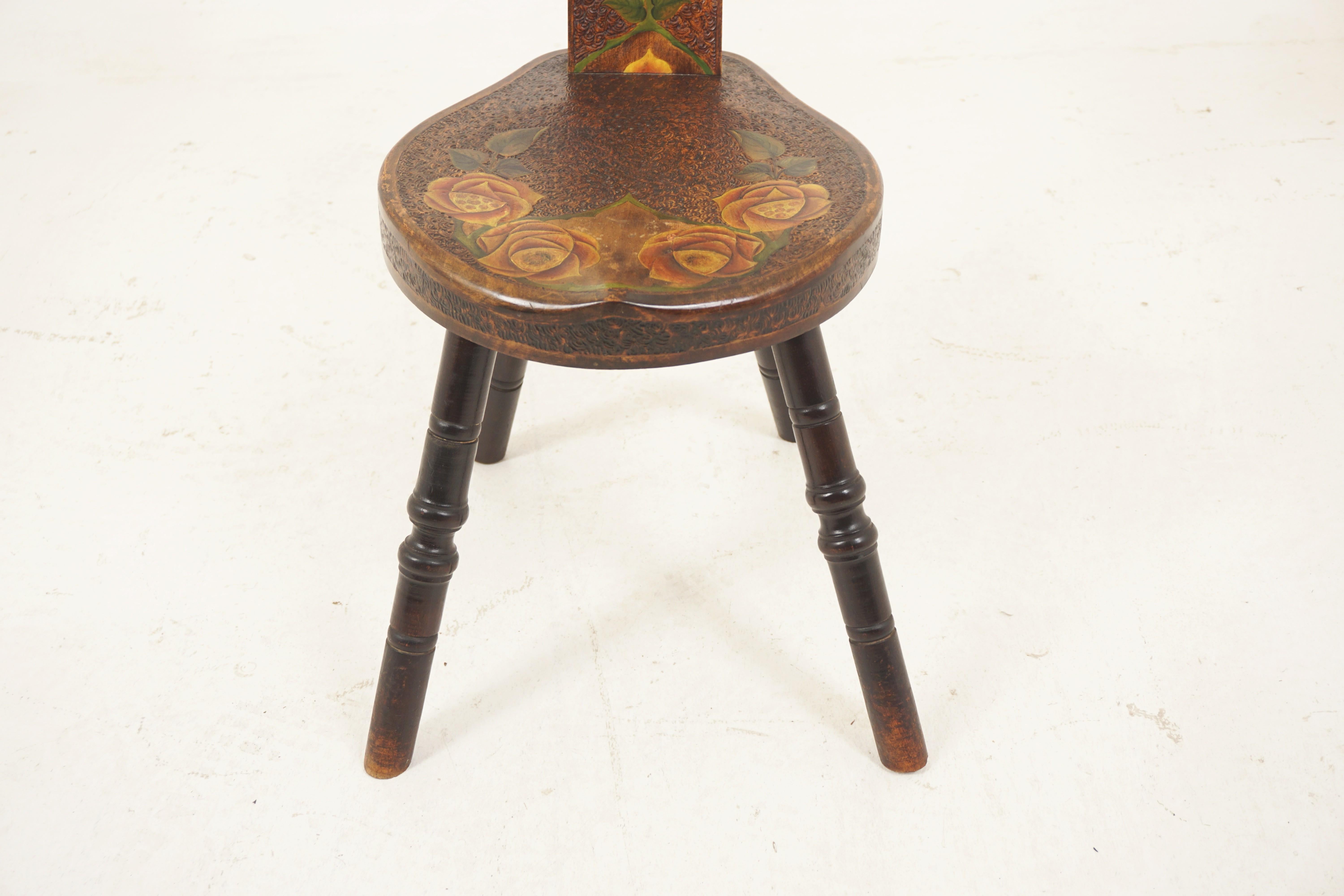 Beech Antique Victorian Poker Work Spinning Chair, Painted Flowers Scotland 1890 H024